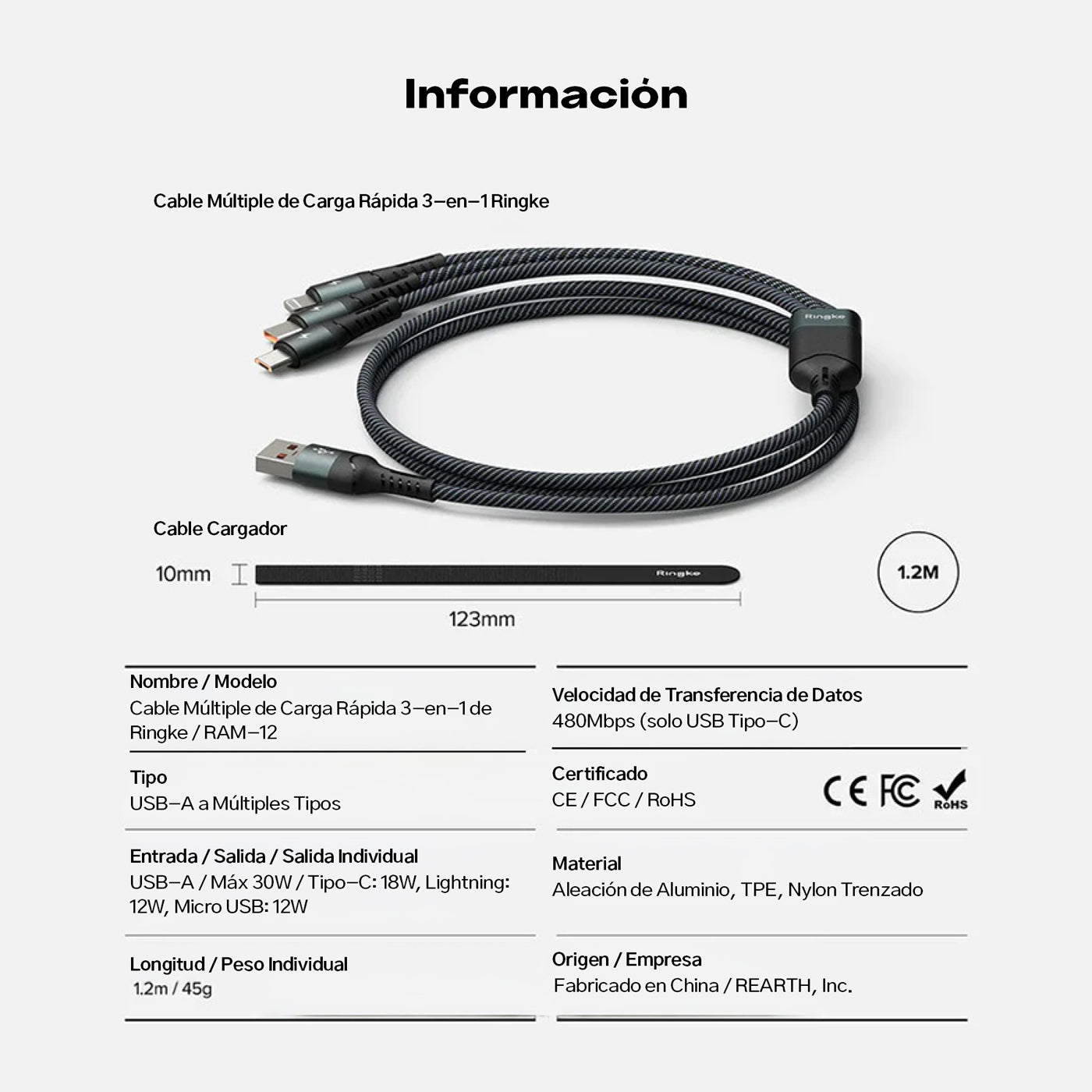 Cargador Ringke Multi Carga Rápida 3-en-1 (1.2 Metros)