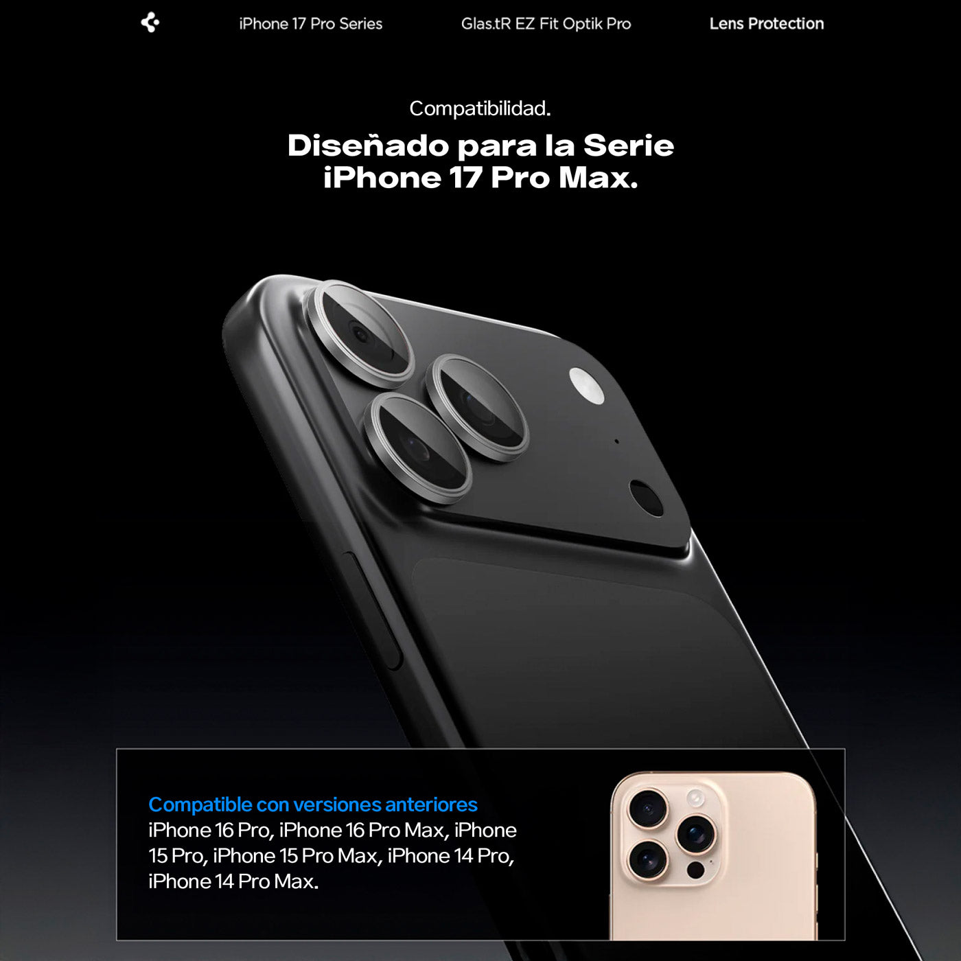 Spigen Protector de lente iPhone 17 Pro Max / iPhone 17 Pro / iPhone 16 Pro / iPhone 16 Pro Max / iPhone 15 Pro / iPhone 15 Pro Max / iPhone 14 Pro / iPhone 14 Pro Max (2 Pack)