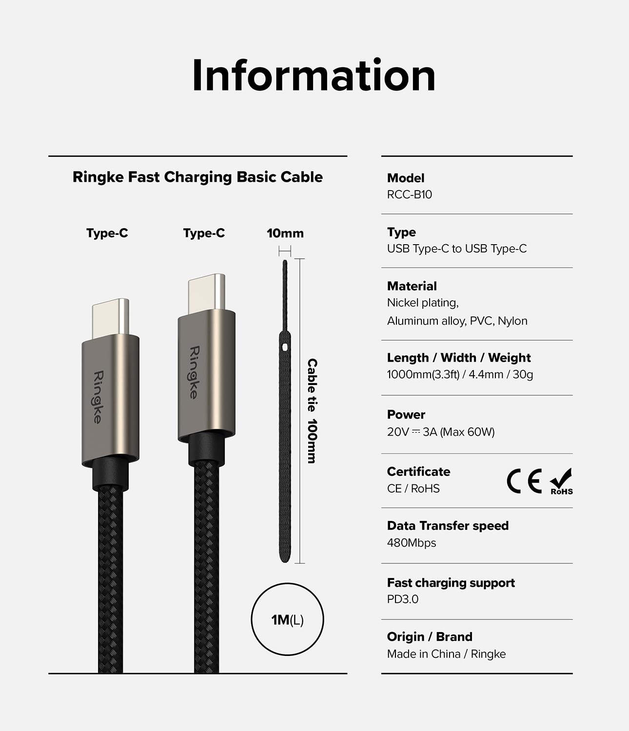 Ringke Carga Rápida 12W Trenzado Nylon Tipo C a C - 1M
