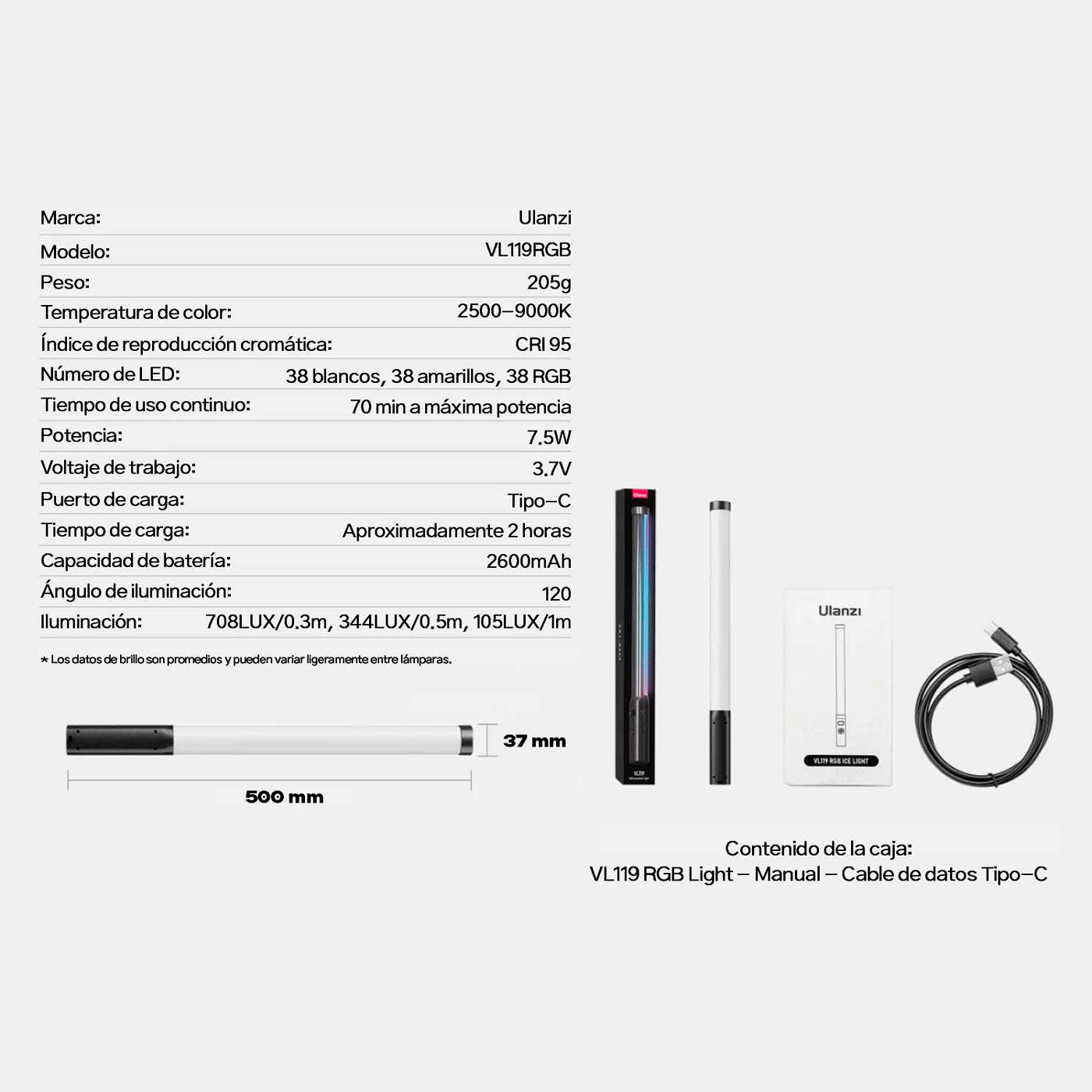 Luz de Tubo Ulanzi LED RGB portátil VL119 para video