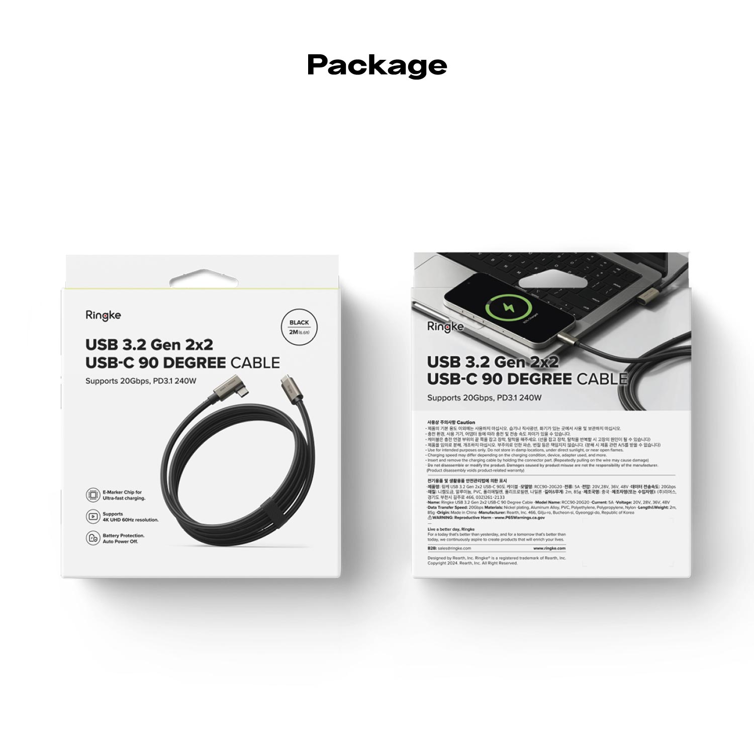 Cargador Ringke 90 Grados Carga Rápida 240W Tipo C a C (3.2 Gen 2x2) - 2 Metros