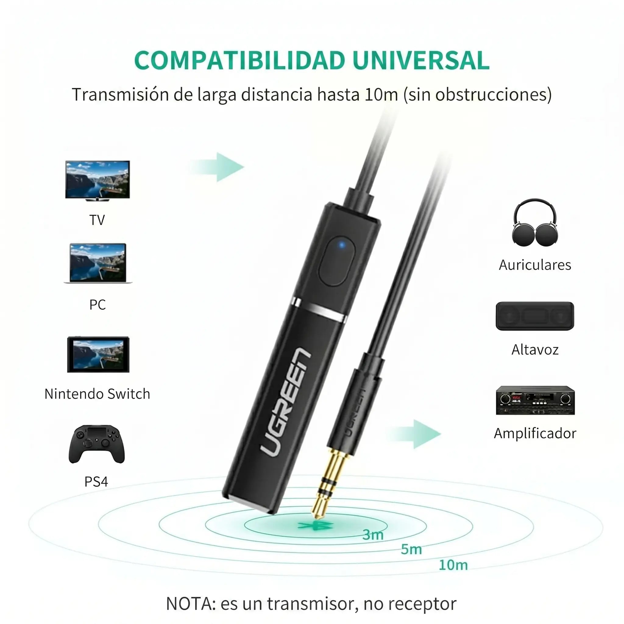 UGREEN transmisor Bluetooth 5.0 jack 3.5mm para audio inalámbrico CM107