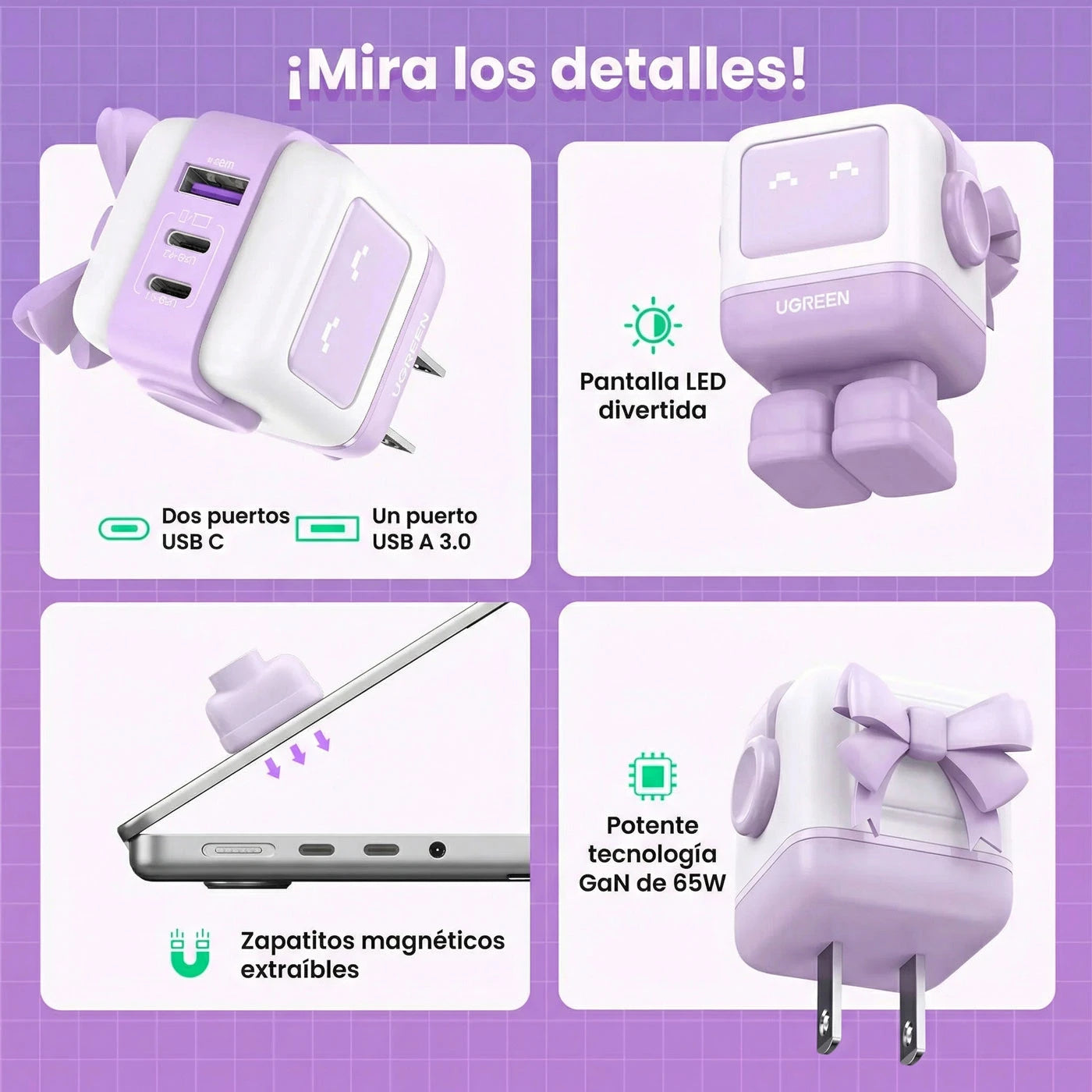 Cargador UGREEN Uno Robot GaN 65W USB-C - Purple