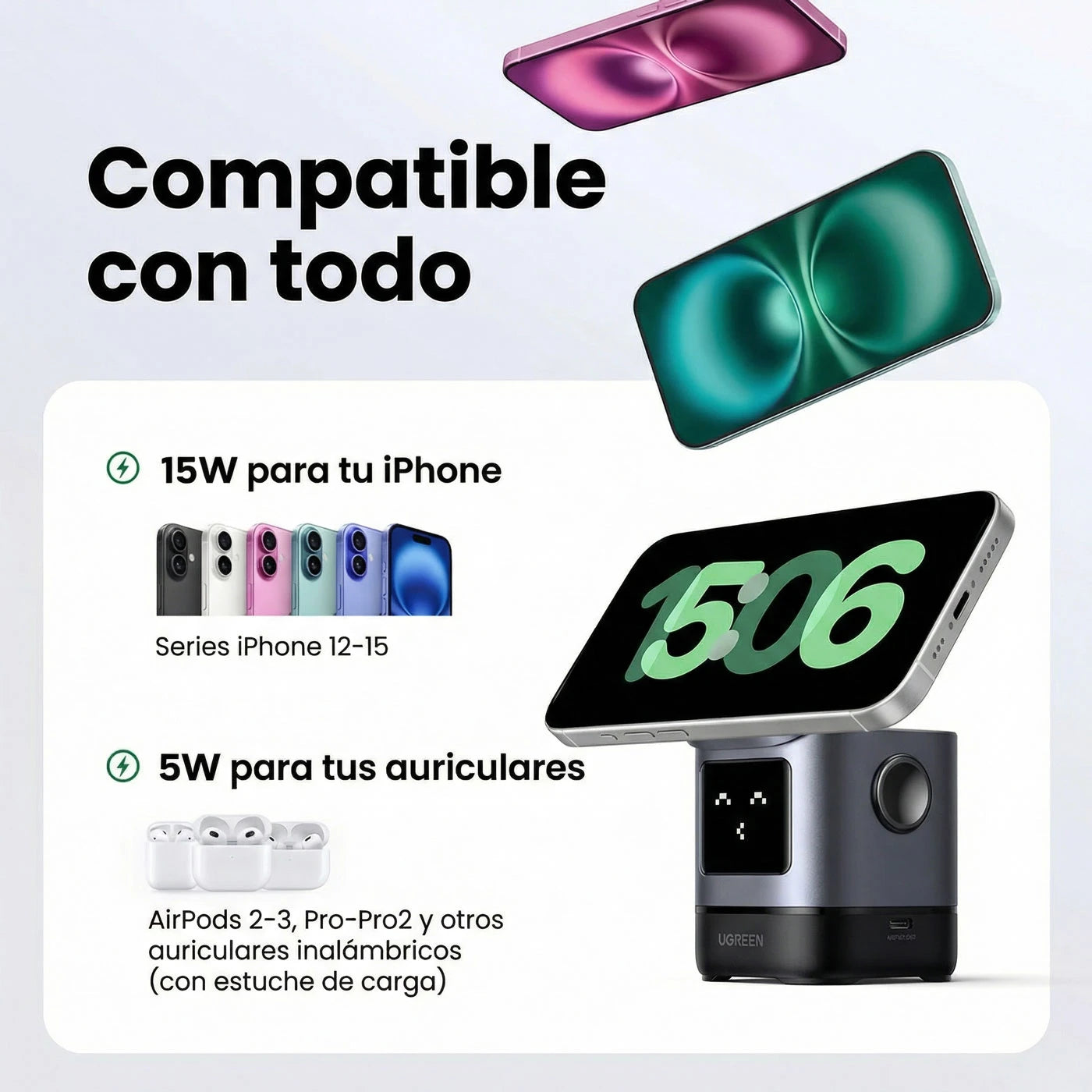 Estación de Carga Ugreen UNO 2 en 1 Qi2 15W (Magsafe)