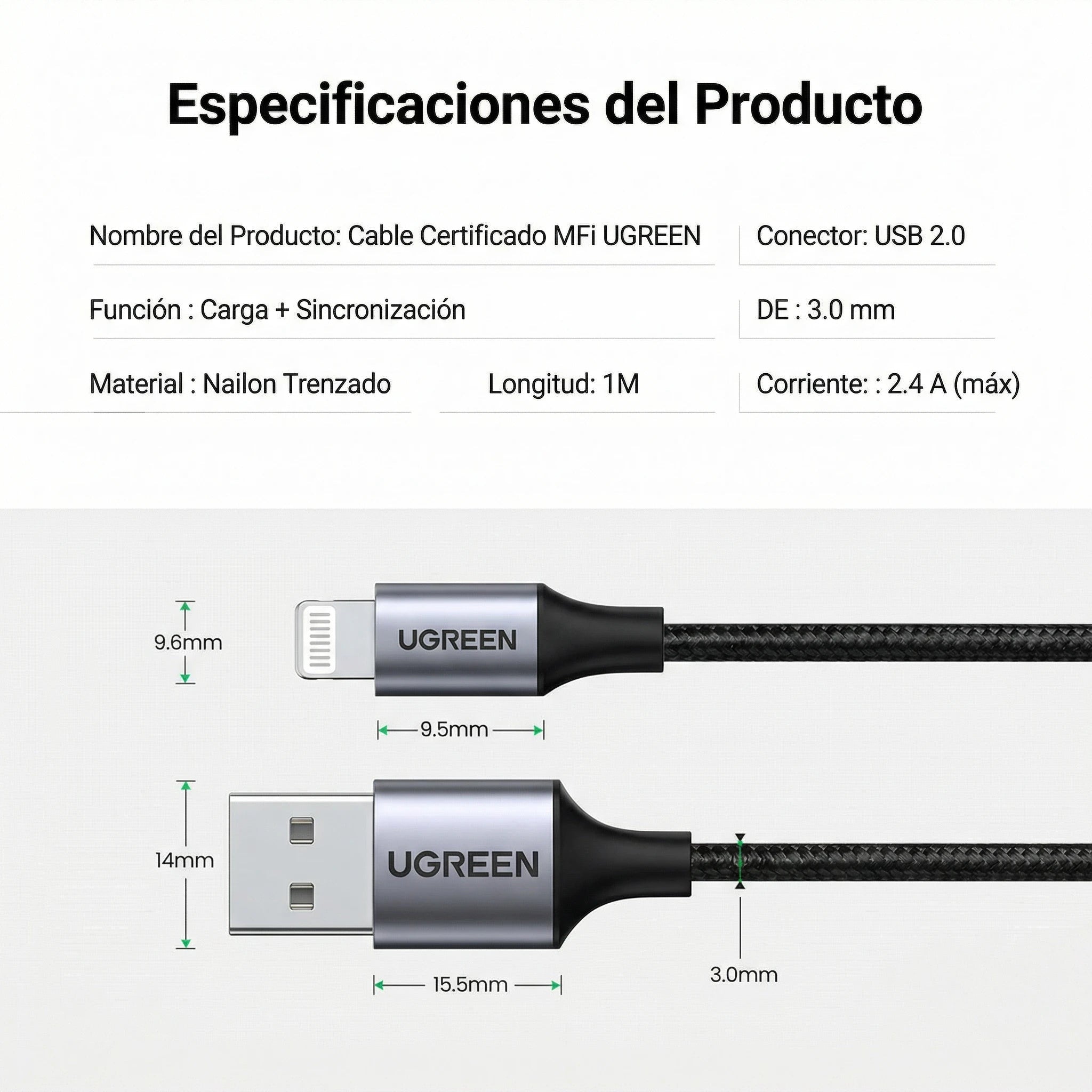 Cable UGREEN USB-A a Lightning 1M 12W (certificado) - 60156