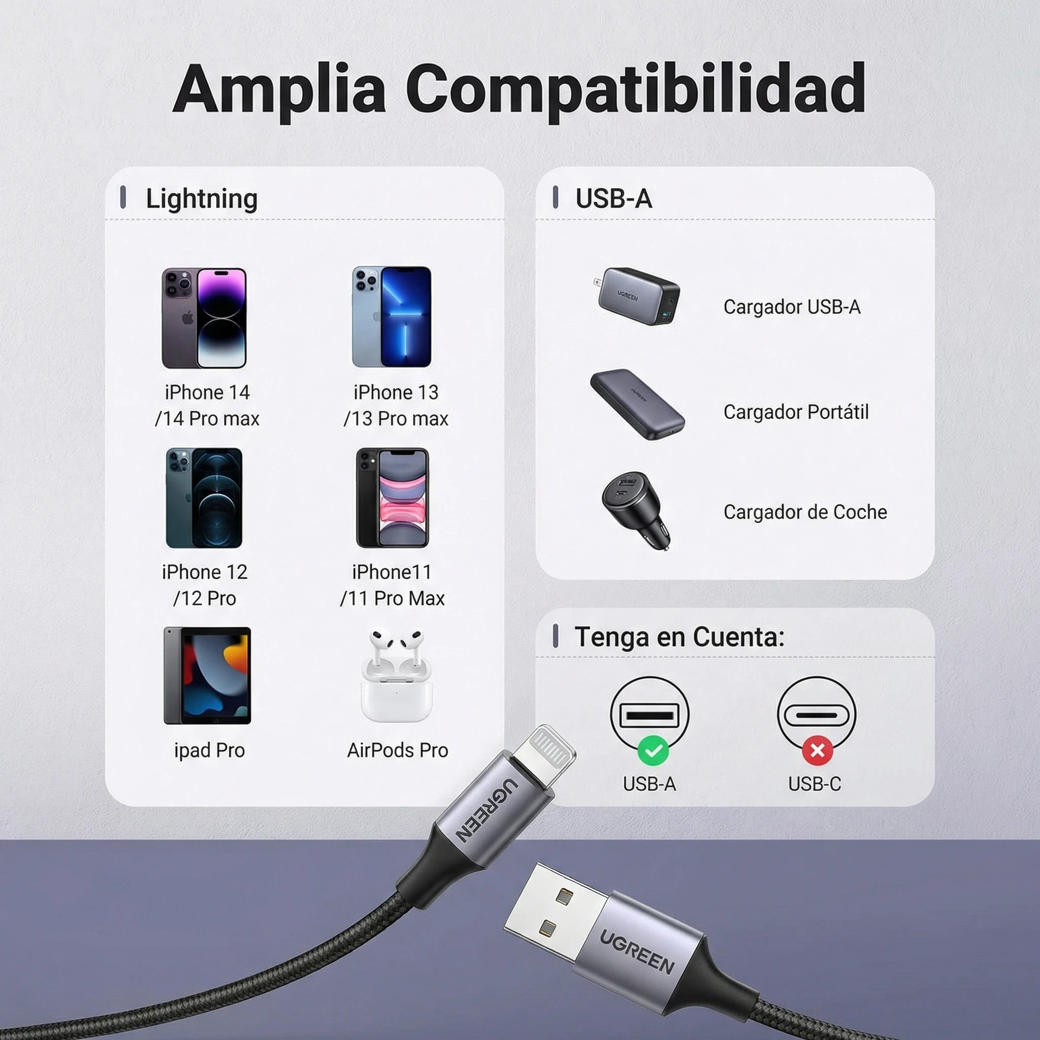 Cable UGREEN USB-A a Lightning 1M 12W (certificado) - 60156
