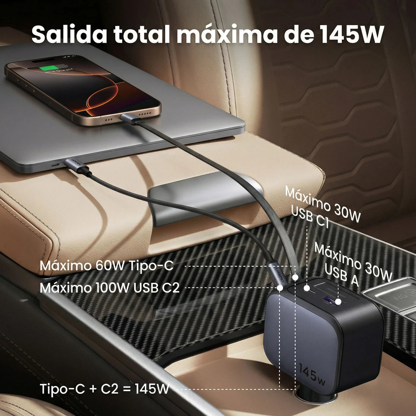 Cargador para auto Ugreen NEXODE 145W con cable retráctil integrado - 55910B