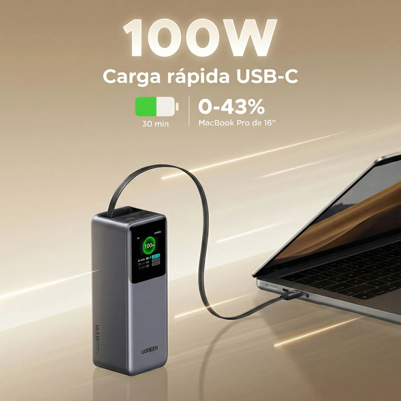 Power Bank Ugreen NEXODE 165W 20,000 mAh con cable retráctil - 55987B