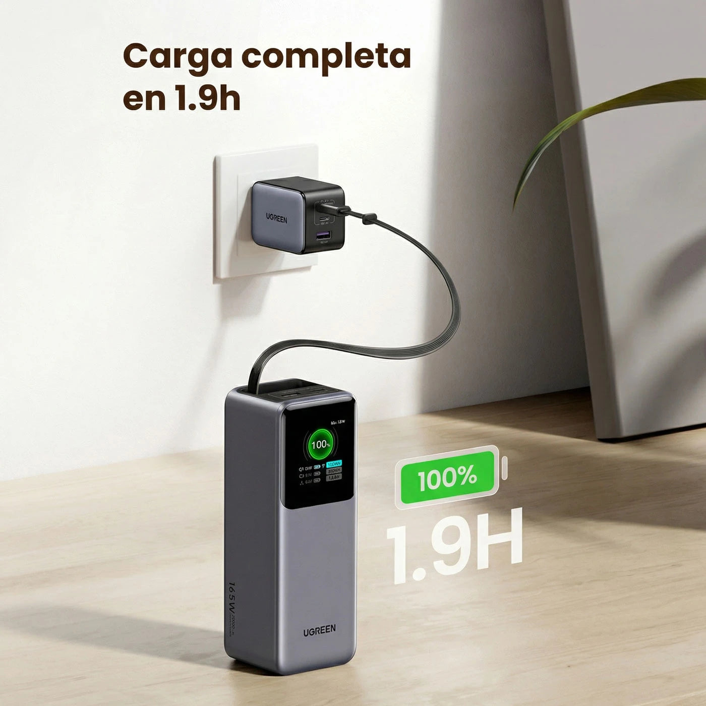 Power Bank Ugreen NEXODE 165W 20,000 mAh con cable retráctil - 55987B