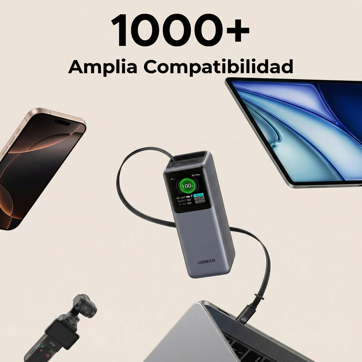 Power Bank Ugreen NEXODE 165W 20,000 mAh con cable retráctil - 55987B