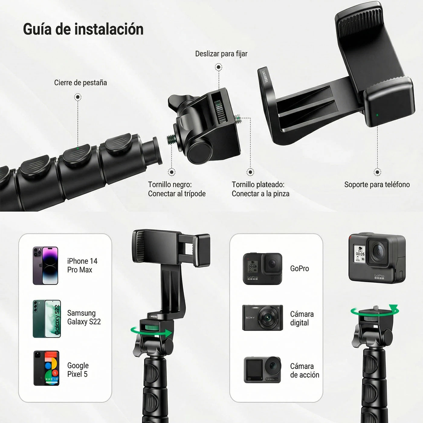 Trípode UGREEN 2-en-1 con Bluetooth remoto para teléfono, iPhone, Galaxy y GoPro 15609