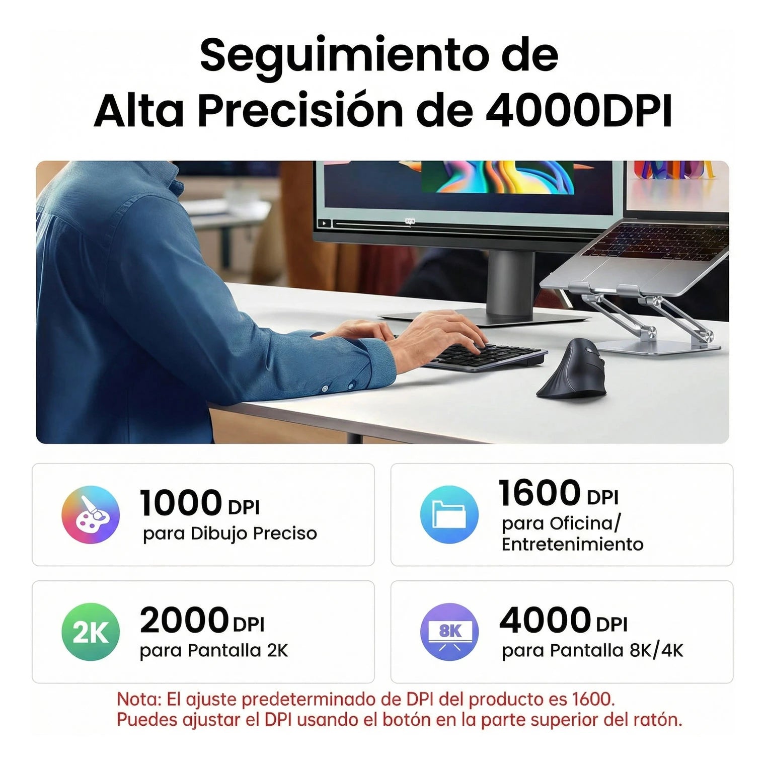 Mouse Ergonómico Vertical UGREEN Inalámbrico 4000 DPI – Negro (MU008 / 25444)