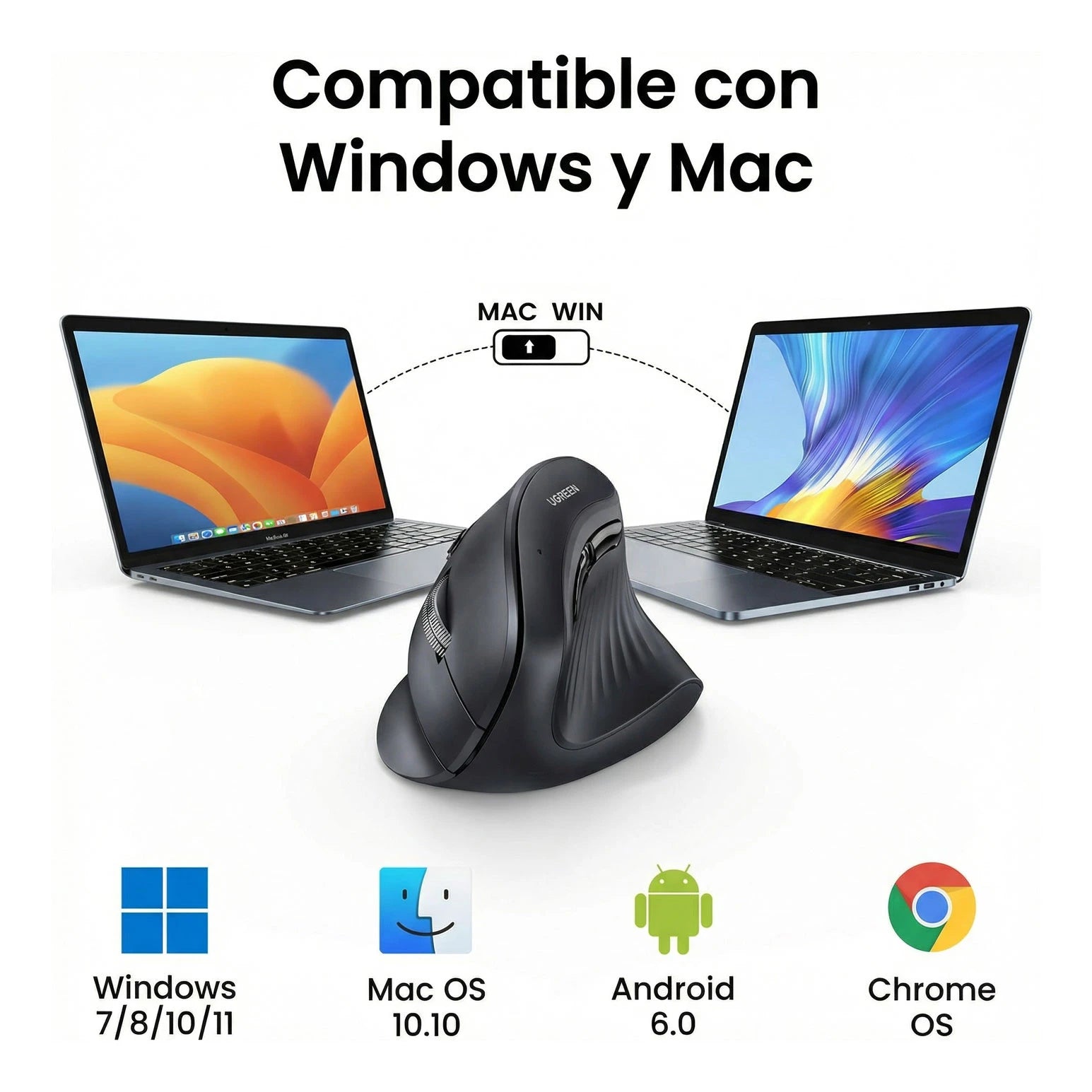 Mouse Ergonómico Vertical UGREEN Inalámbrico 4000 DPI – Negro (MU008 / 25444)