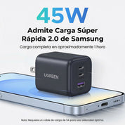 Cargador Ugreen 45W GaN 3 Puertos USB-C
