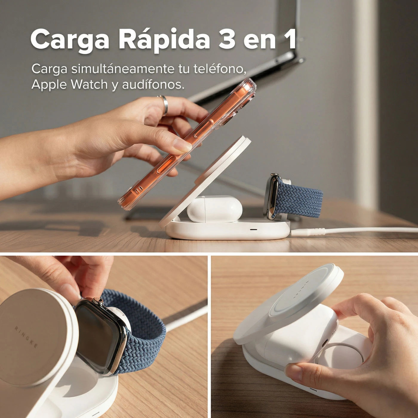 Cargador Magsafe Ringke Qi2 25W 3-in-1 Folding Stand