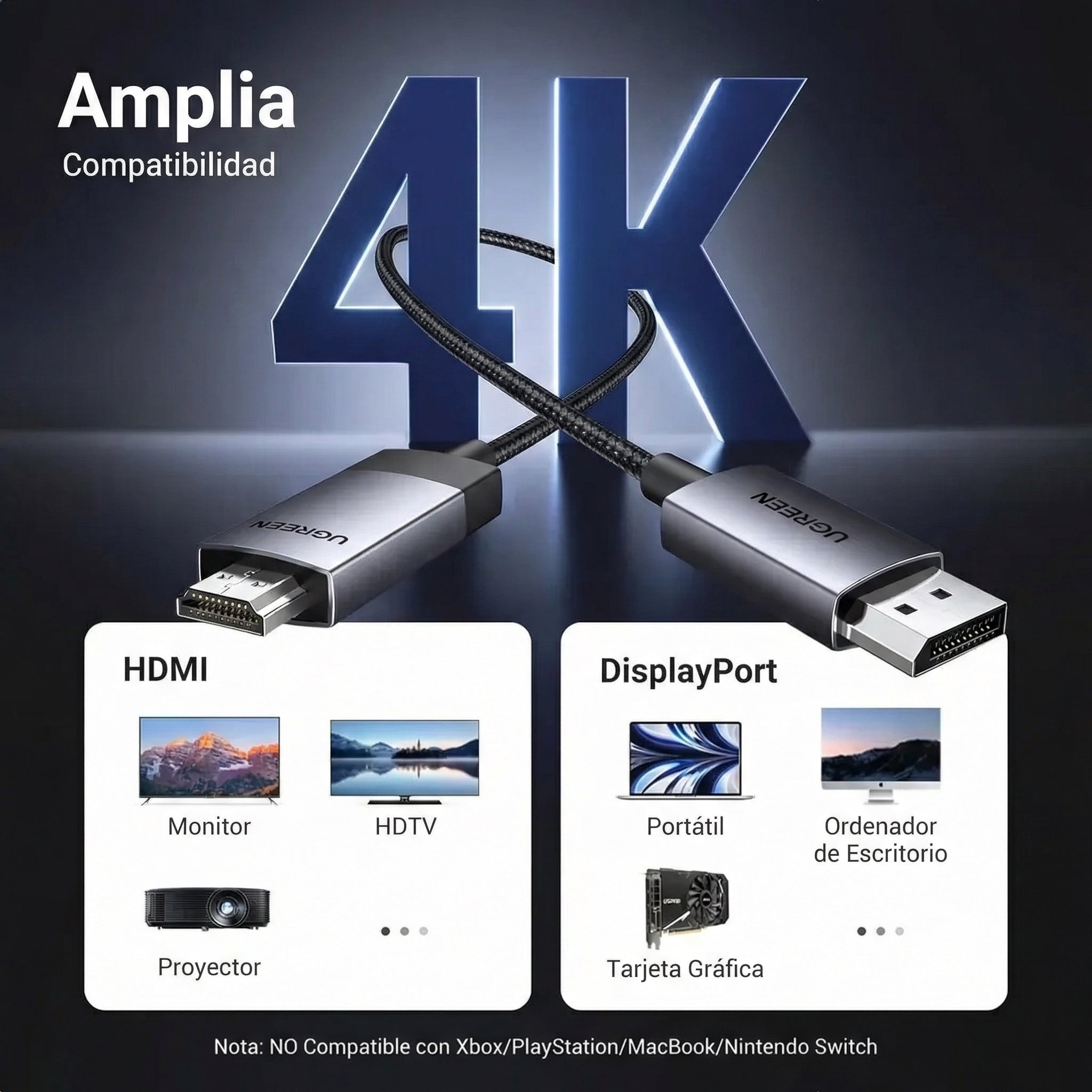 Cable UGREEN DisplayPort a HDMI 4K 60Hz – 3 m, trenzado (DP119 / 25491)
