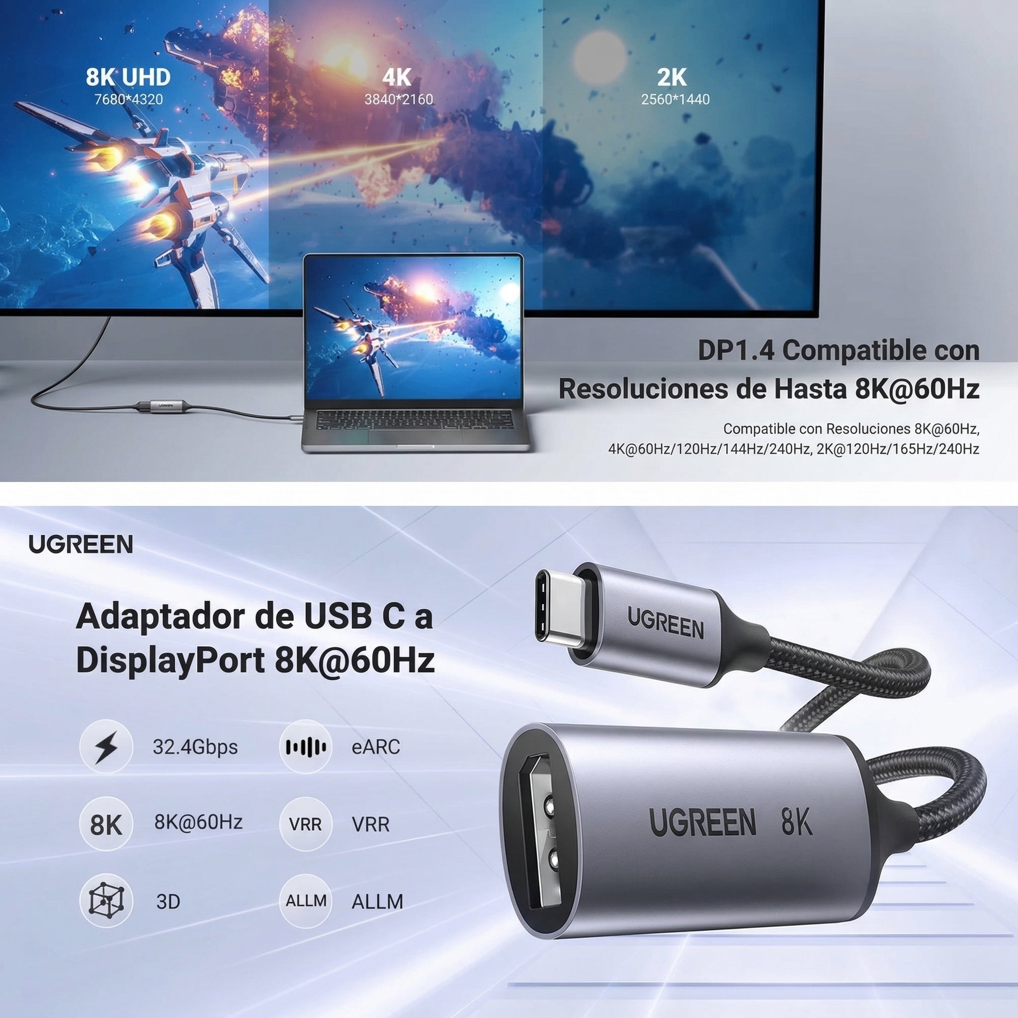 Adaptador UGREEN USB-C a DisplayPort 8K (CM654 / 15575)