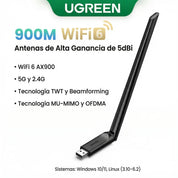 Adaptador WiFi UGREEN USB Antena Doble Banda 24G 5G Alta Velocidad