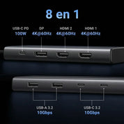 Hub Ugreen 8 en 1 USB-C a 2xHDMI DP 2xUSB-C 3.2 2xUSB-A 3.2 PD 100w 35625
