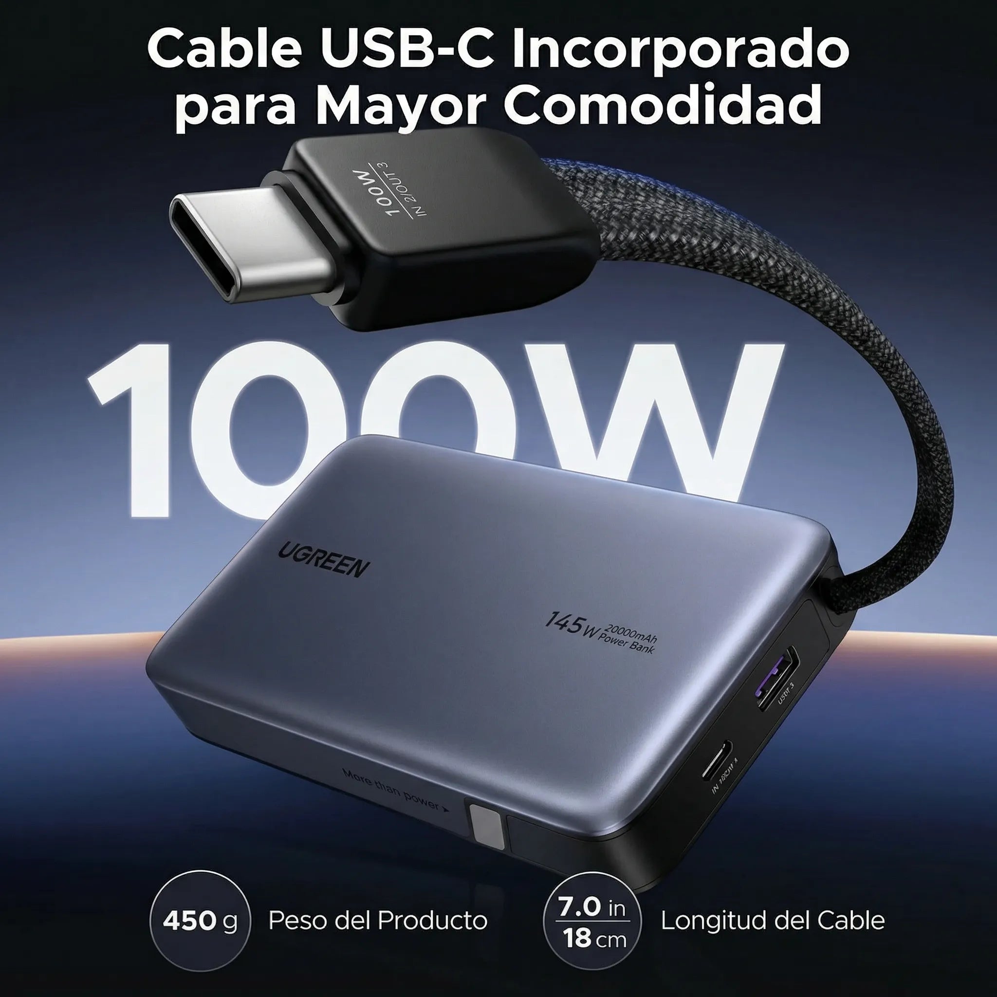 UGREEN Nexode Power Bank, 20000mAh 145W Cargador portátil para portátil con cable USB-C integrado
