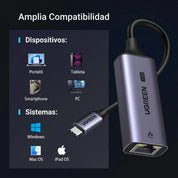 UGREEN Adaptador USB-C a Ethernet 2.5G RJ45 para Laptop y Tablet