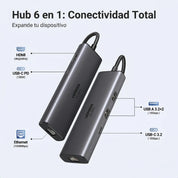 UGREEN hub USB-C 6 en 1 con HDMI 4K, LAN RJ45 y PD