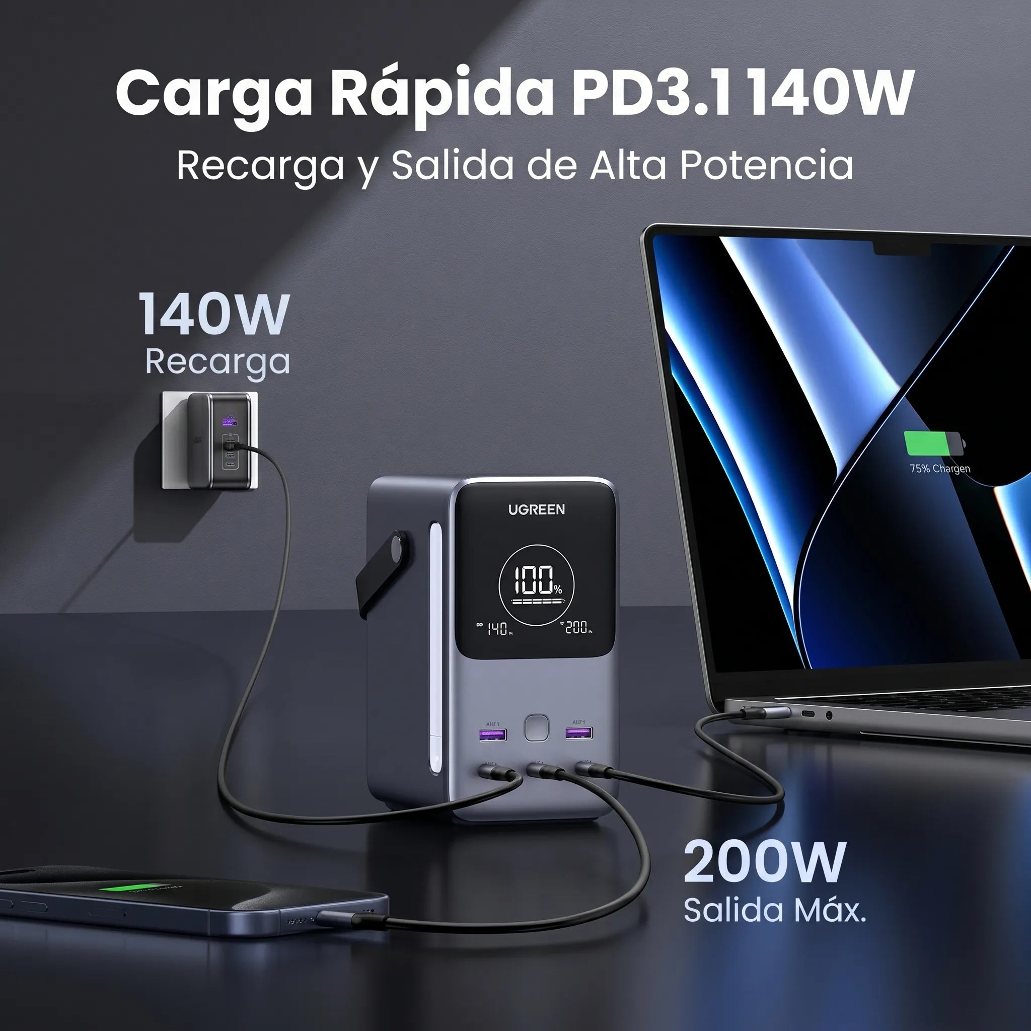 UGREEN power bank 48000mAh 300W PD para laptops y múltiples dispositivos