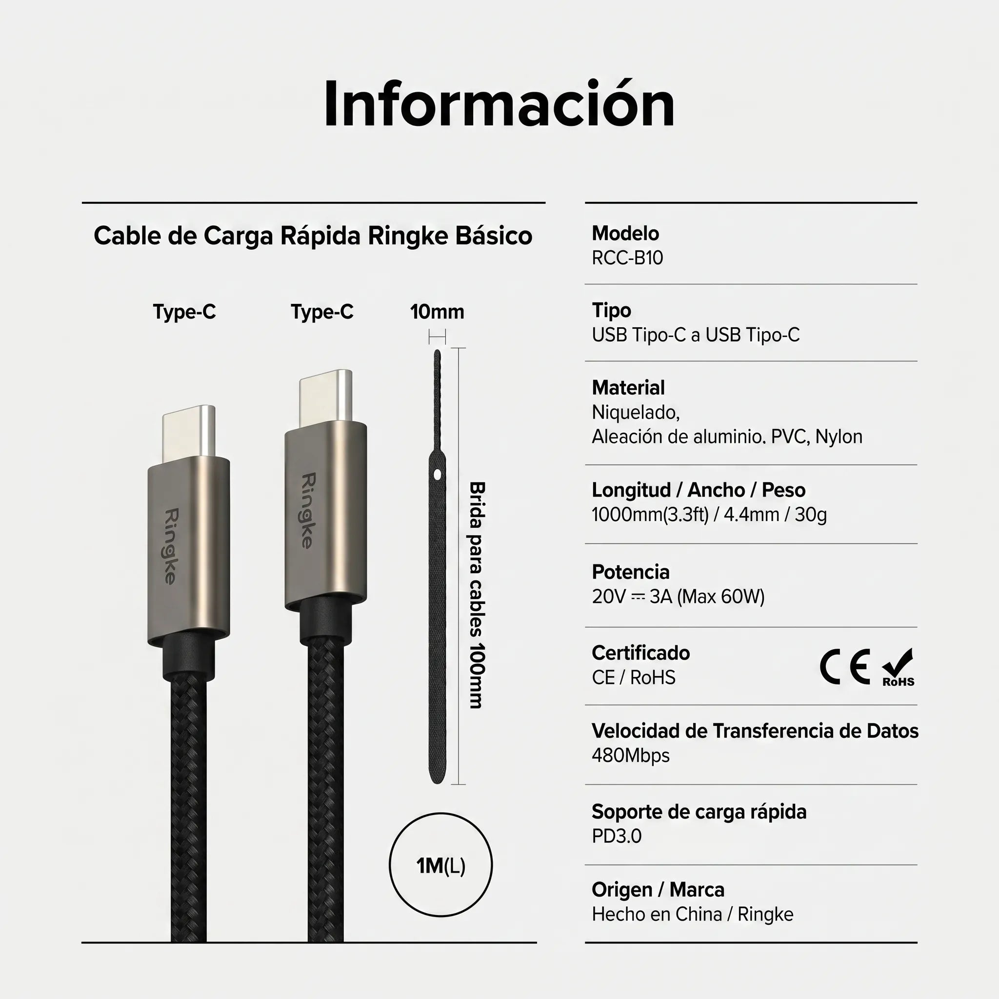 Cargador Ringke Carga Rápida 12W Trenzado Nylon Tipo C a C (1 Metro)