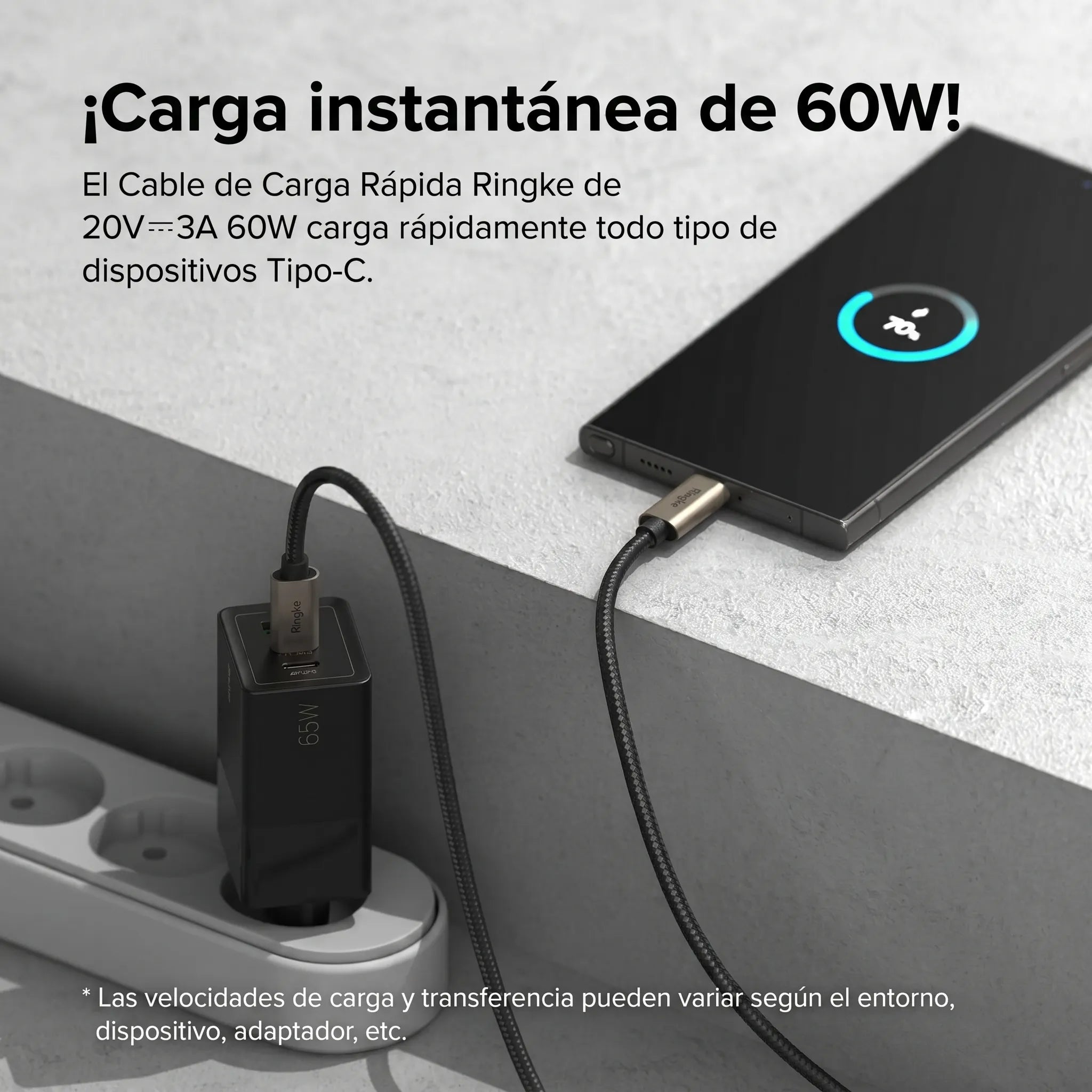 Cargador Ringke Carga Rápida 12W Trenzado Nylon Tipo C a C (1 Metro)