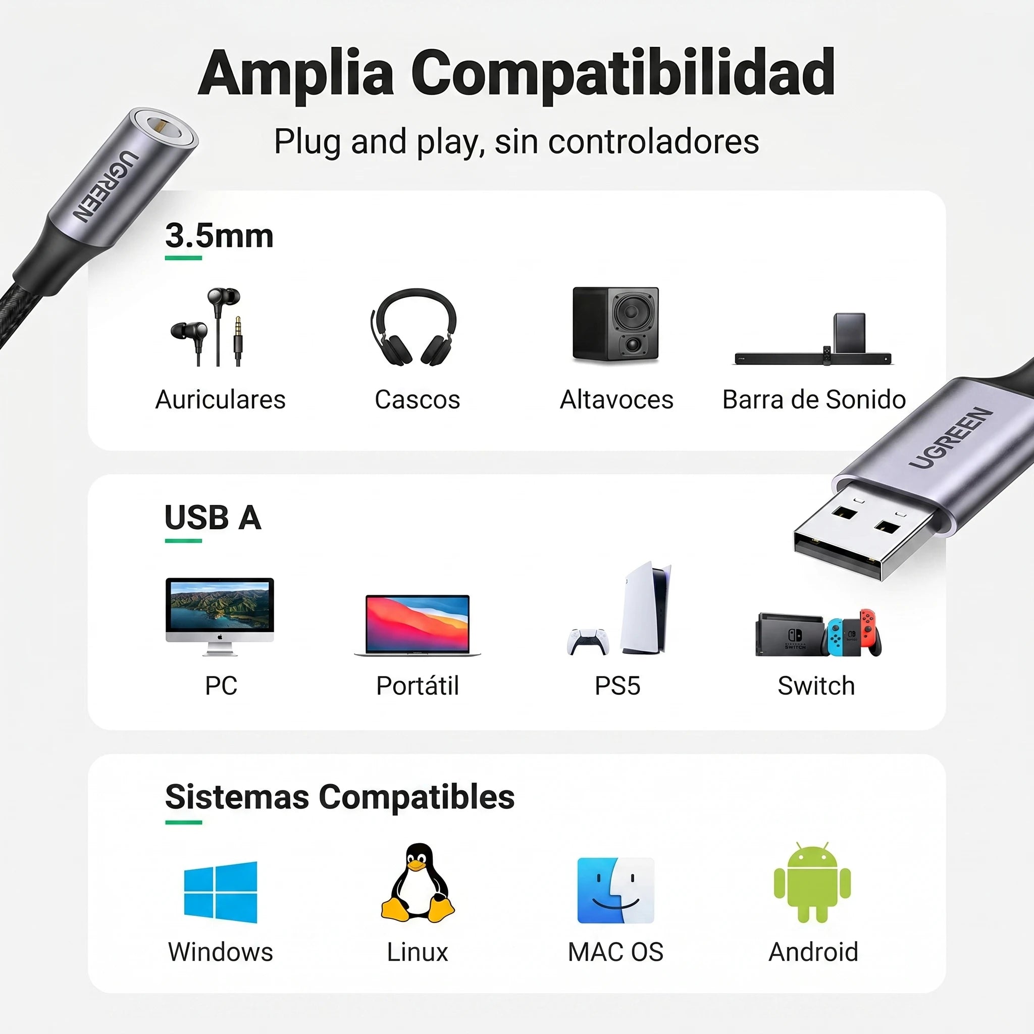 UGREEN CM477 - adaptador USB-A a audio 3.5mm 25cm