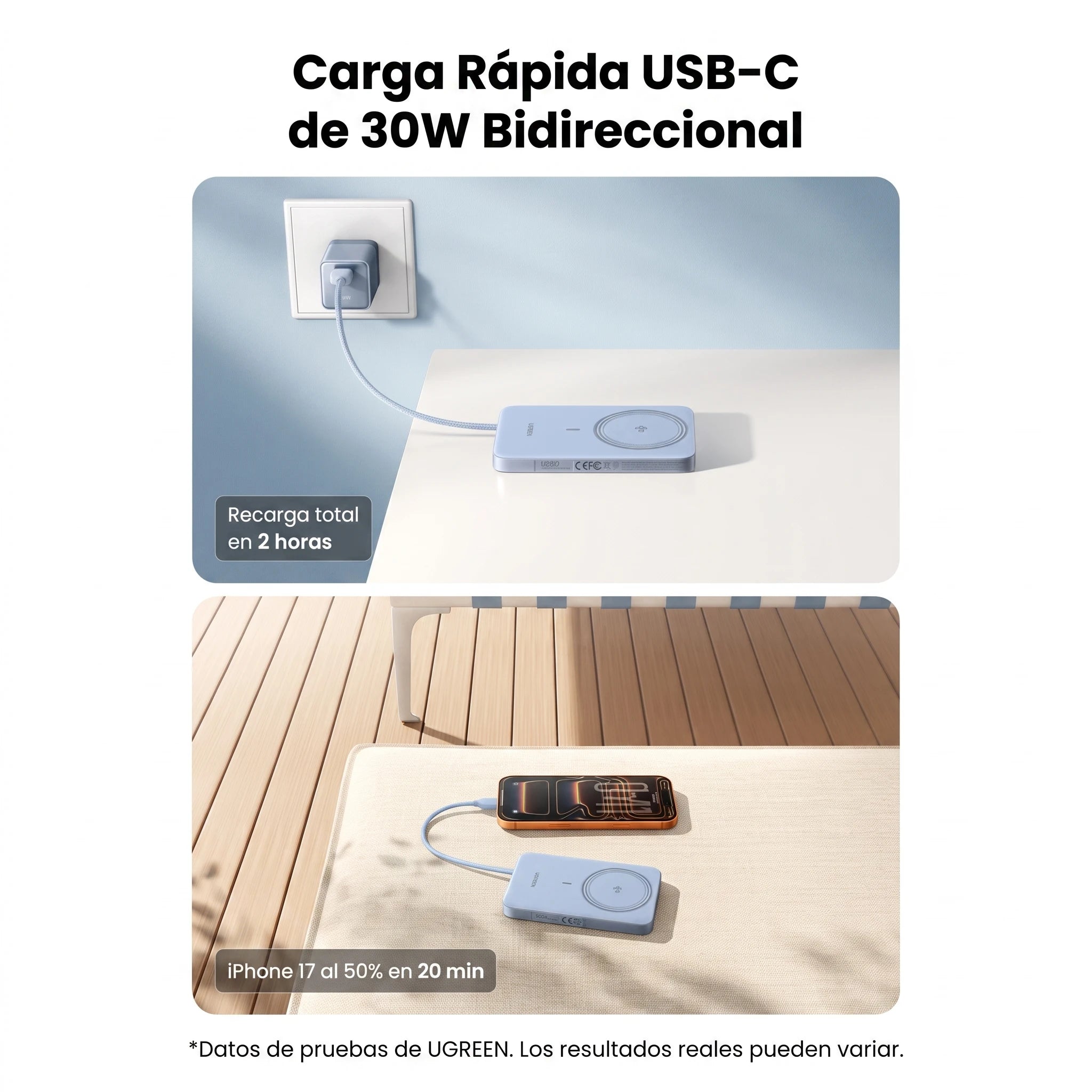 UGREEN MagFlow Air Power Bank 10000mAh Qi2 15W - con cable USB-C - Blue