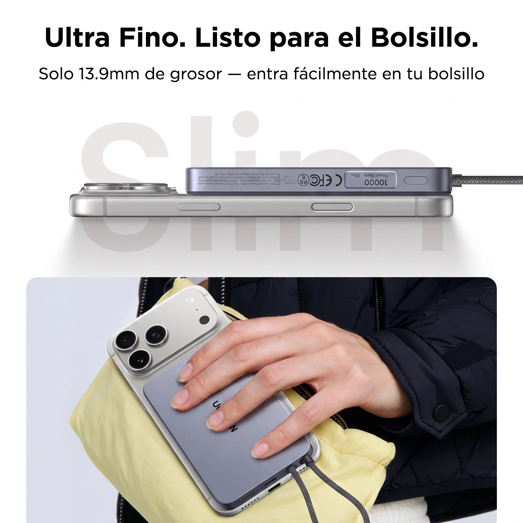 UGREEN MagFlow Air Power Bank 10000mAh Qi2 15W - con cable USB-C - Gray