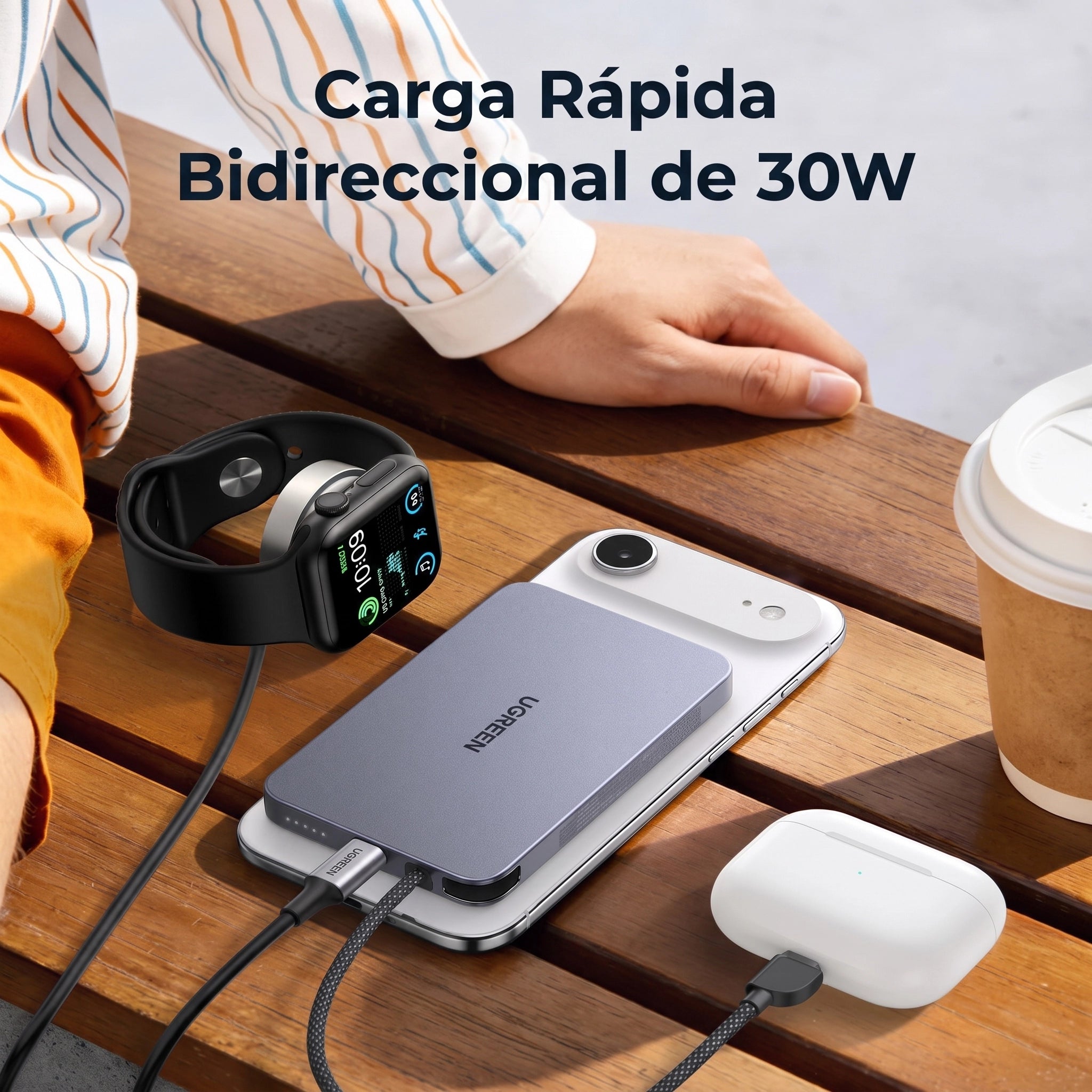 UGREEN MagFlow Air Power Bank 10000mAh Qi2 15W - con cable USB-C - Gray