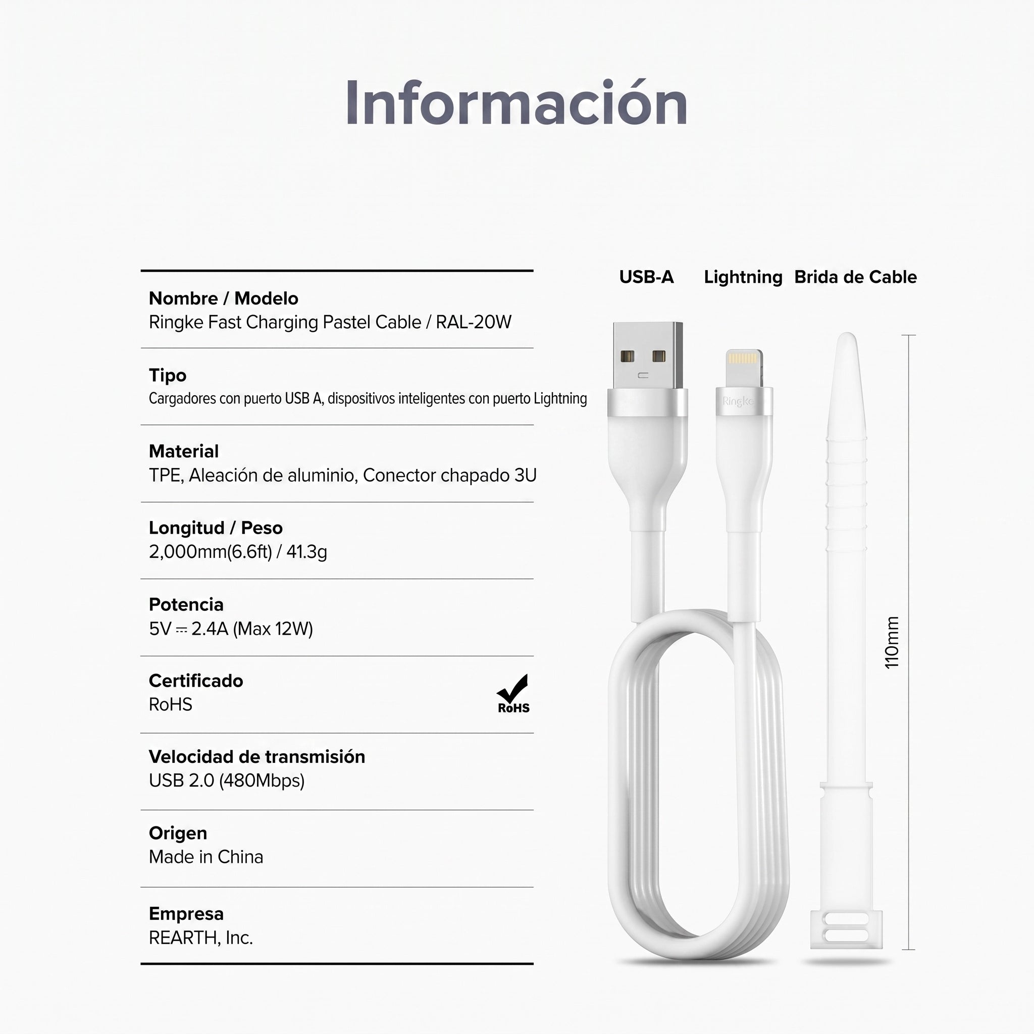 Ringke Pastel Cable - cable USB-A a USB-C 2M 12W Blanco
