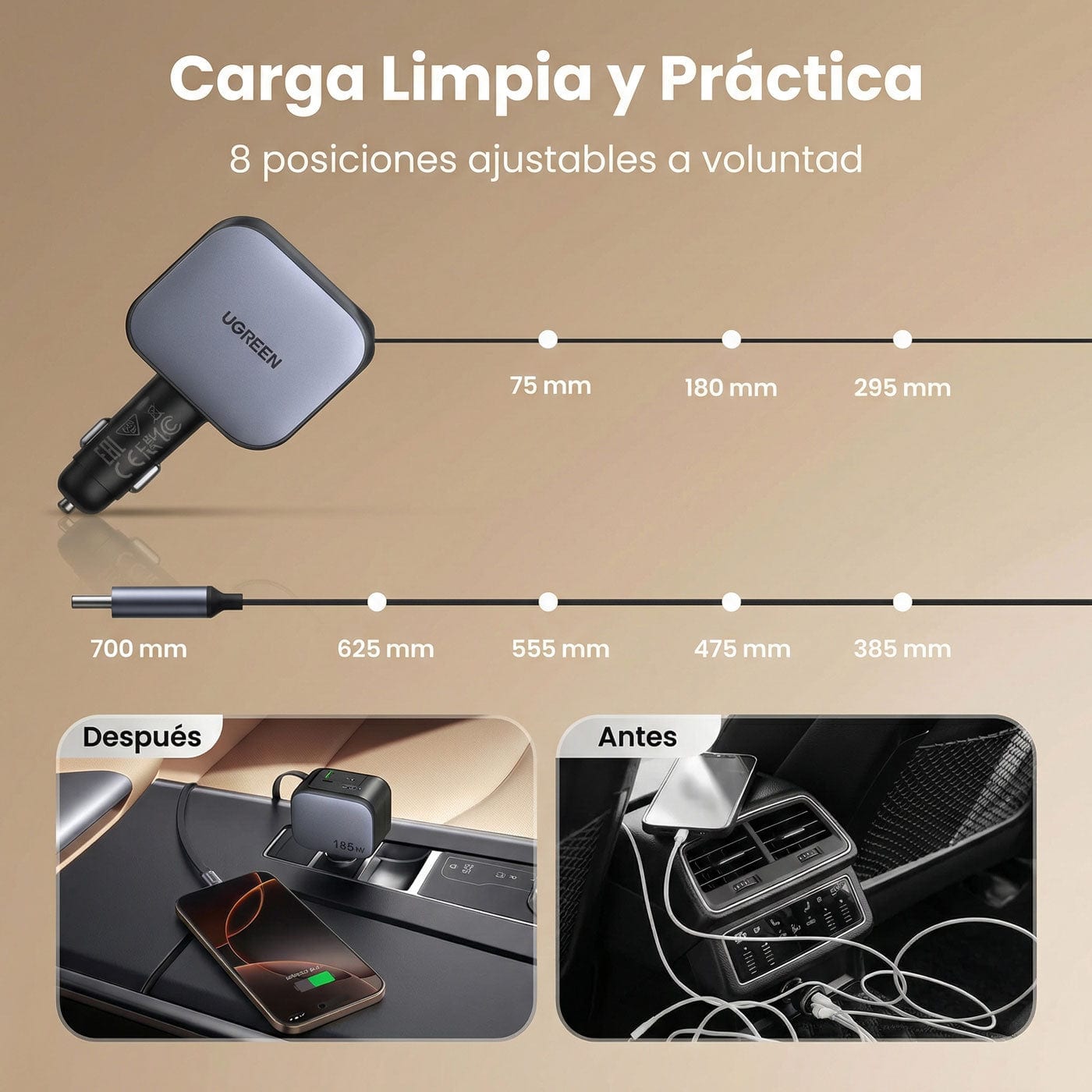 Cargador Ugreen NEXODE para Auto 90W con cable incluido (EC603 / 55909B)