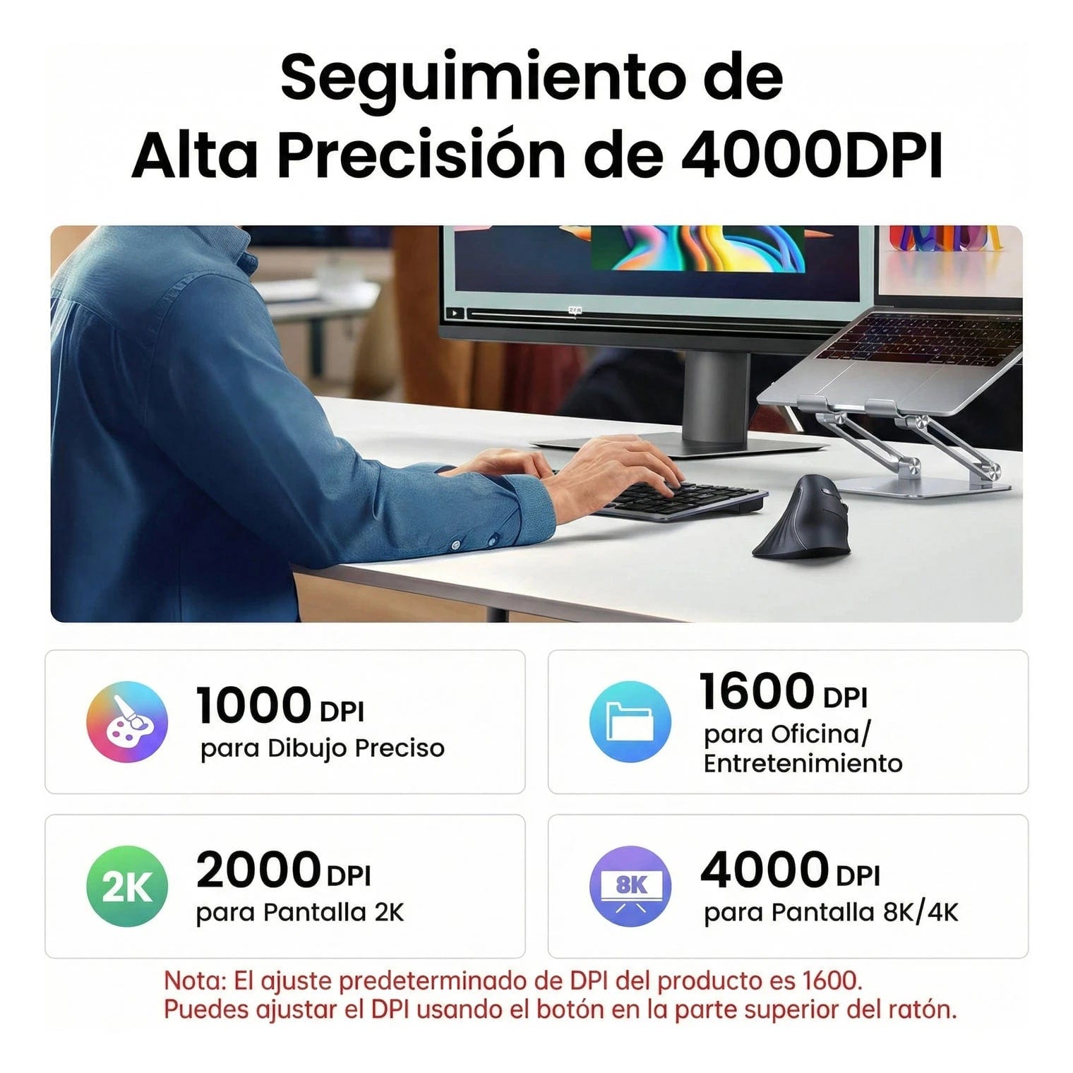 Mouse Ergonómico Vertical UGREEN Inalámbrico 4000 DPI – Negro (MU008 / 25444)