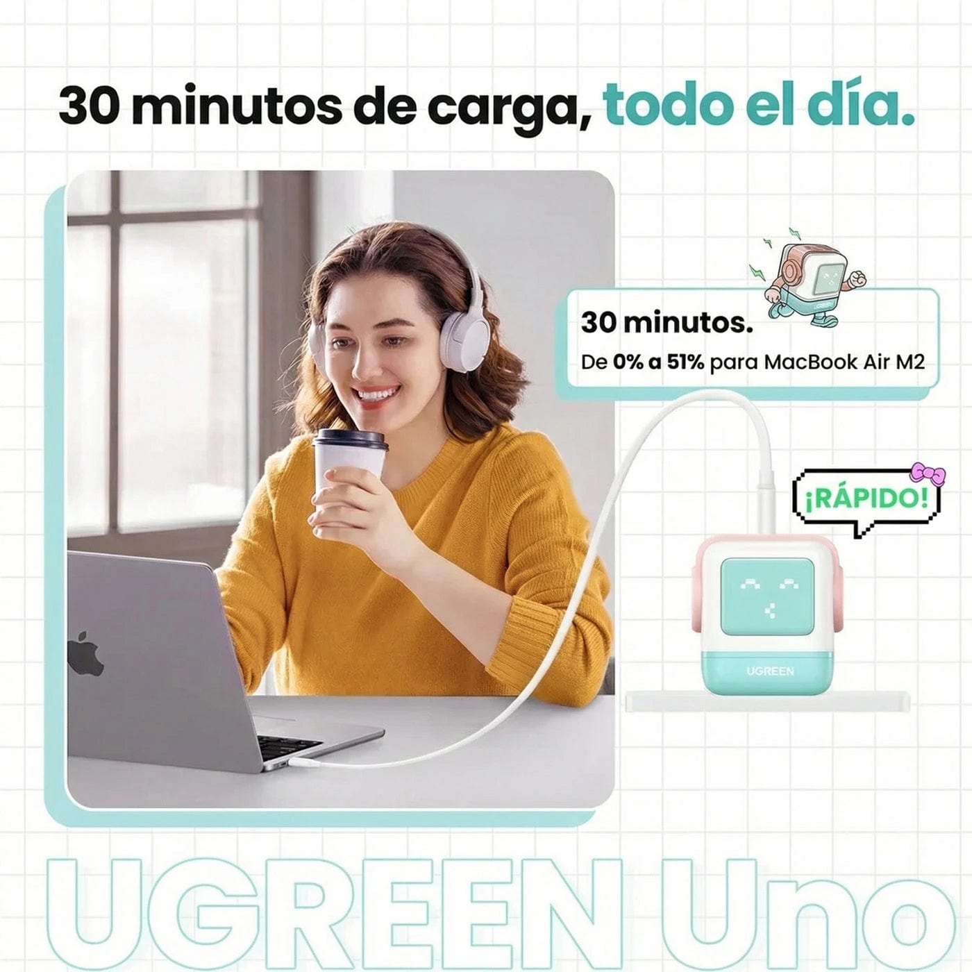 Cargador UGREEN Uno Robot GaN 65W USB-C - Pink Blue