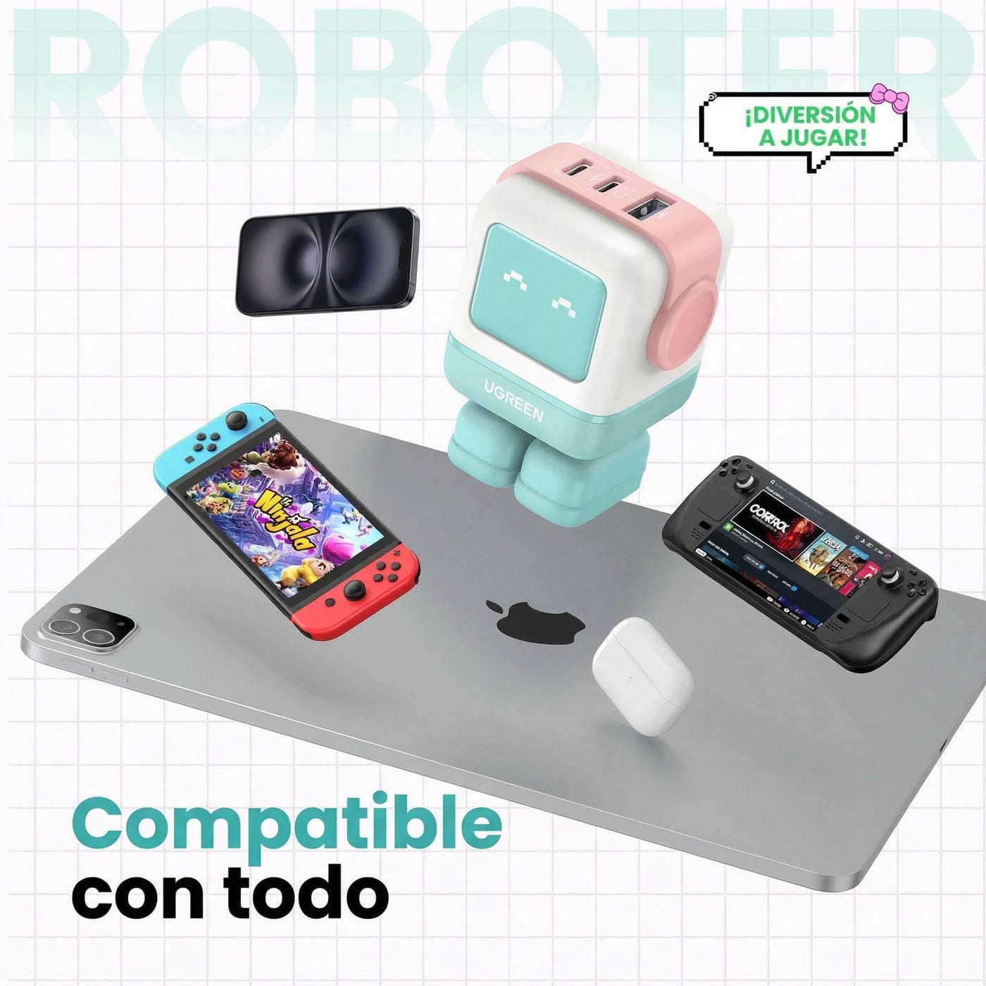Cargador UGREEN Uno Robot GaN 65W USB-C - Pink Blue