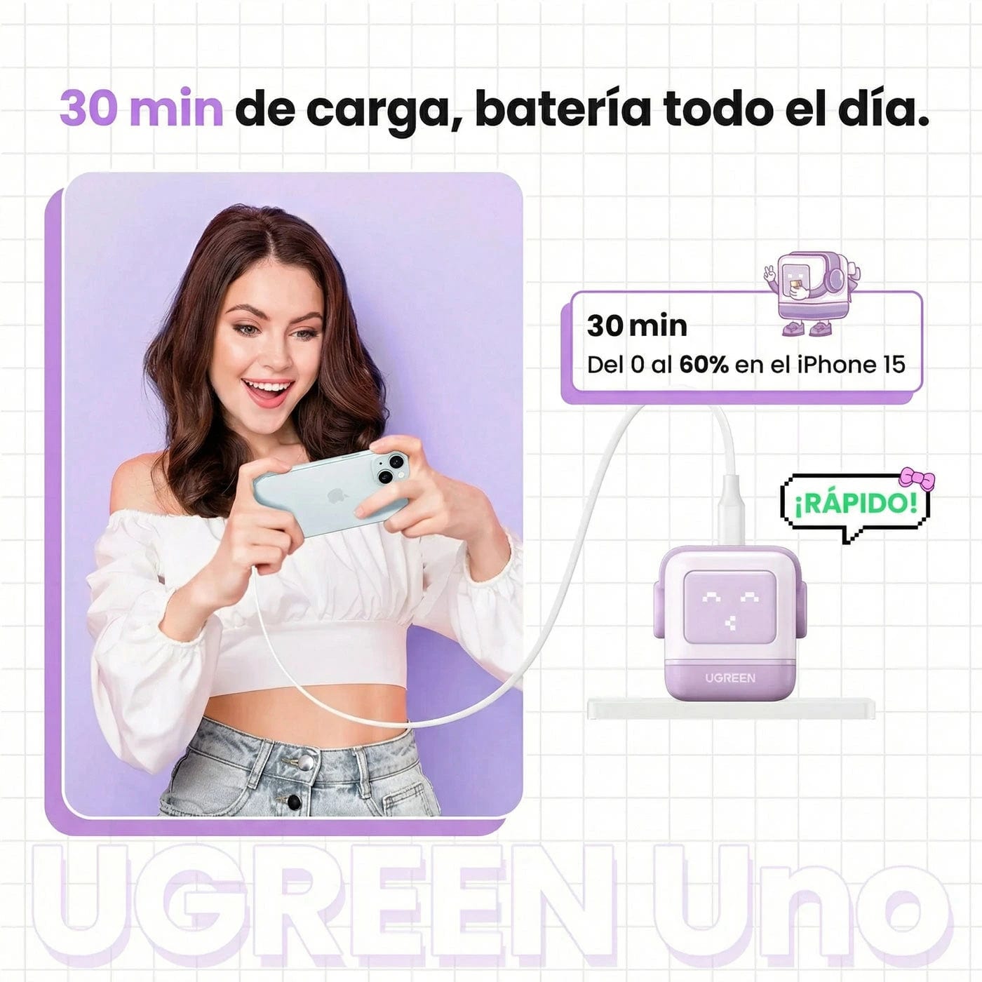 Cargador UGREEN Uno Robot GaN 30W USB-C - Purple