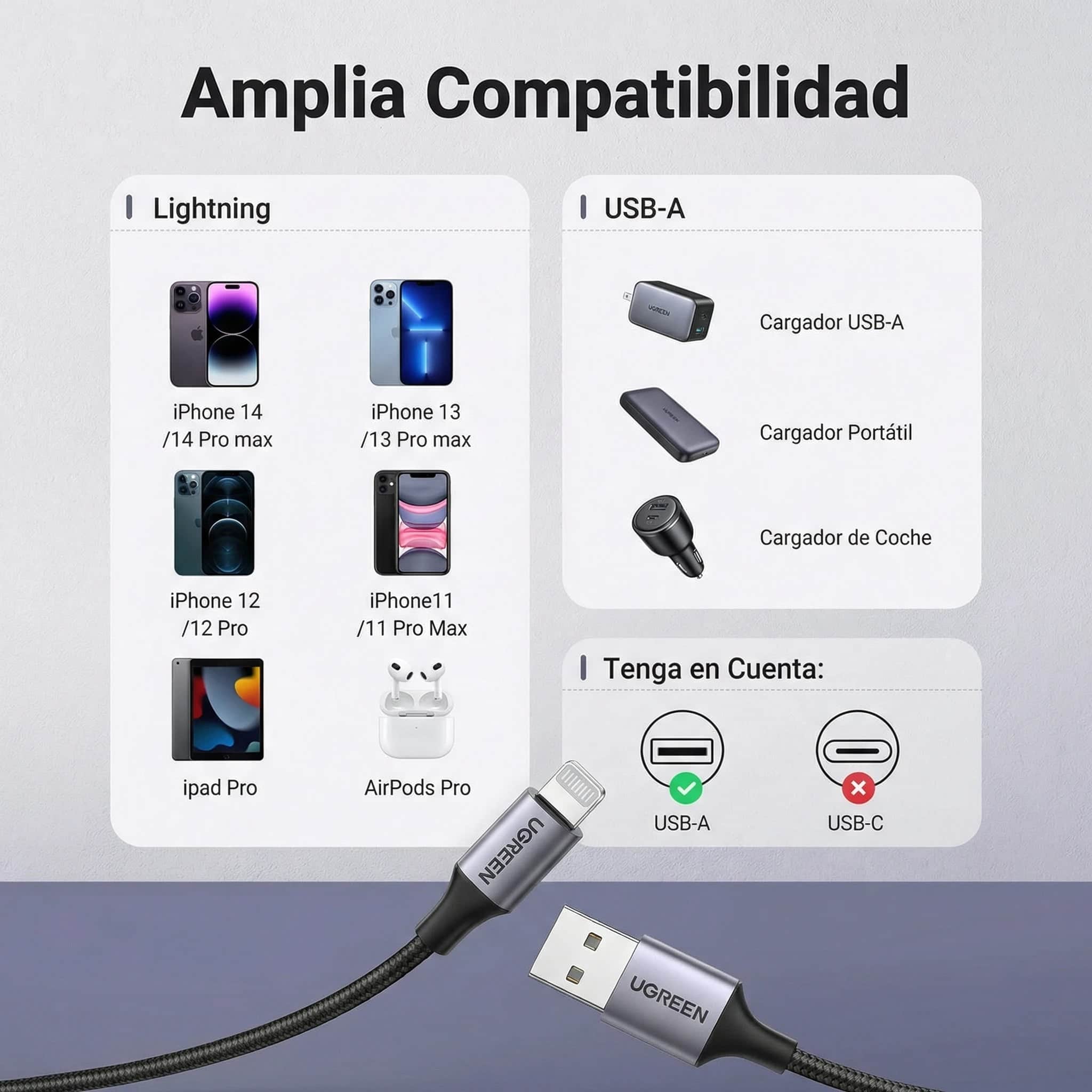 Cable UGREEN USB-A a Lightning 1M 12W (certificado) - 60156