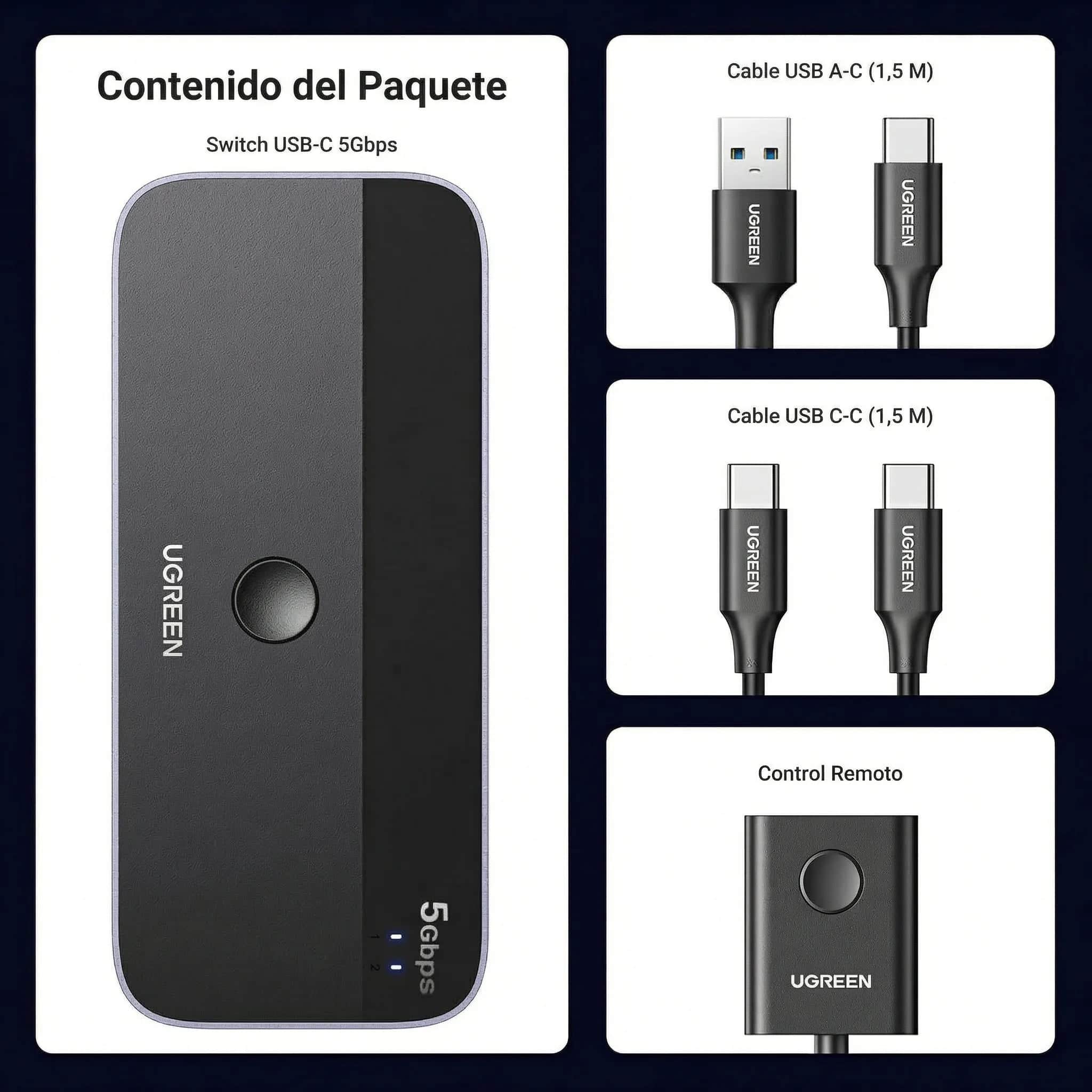 Conmutador Usb-C Ugreen Cm687 (25098) 2 Computadoras Comparten 4 Puertos, Para Pc Laptop Teclado Raton Webcam Usb-Microfono