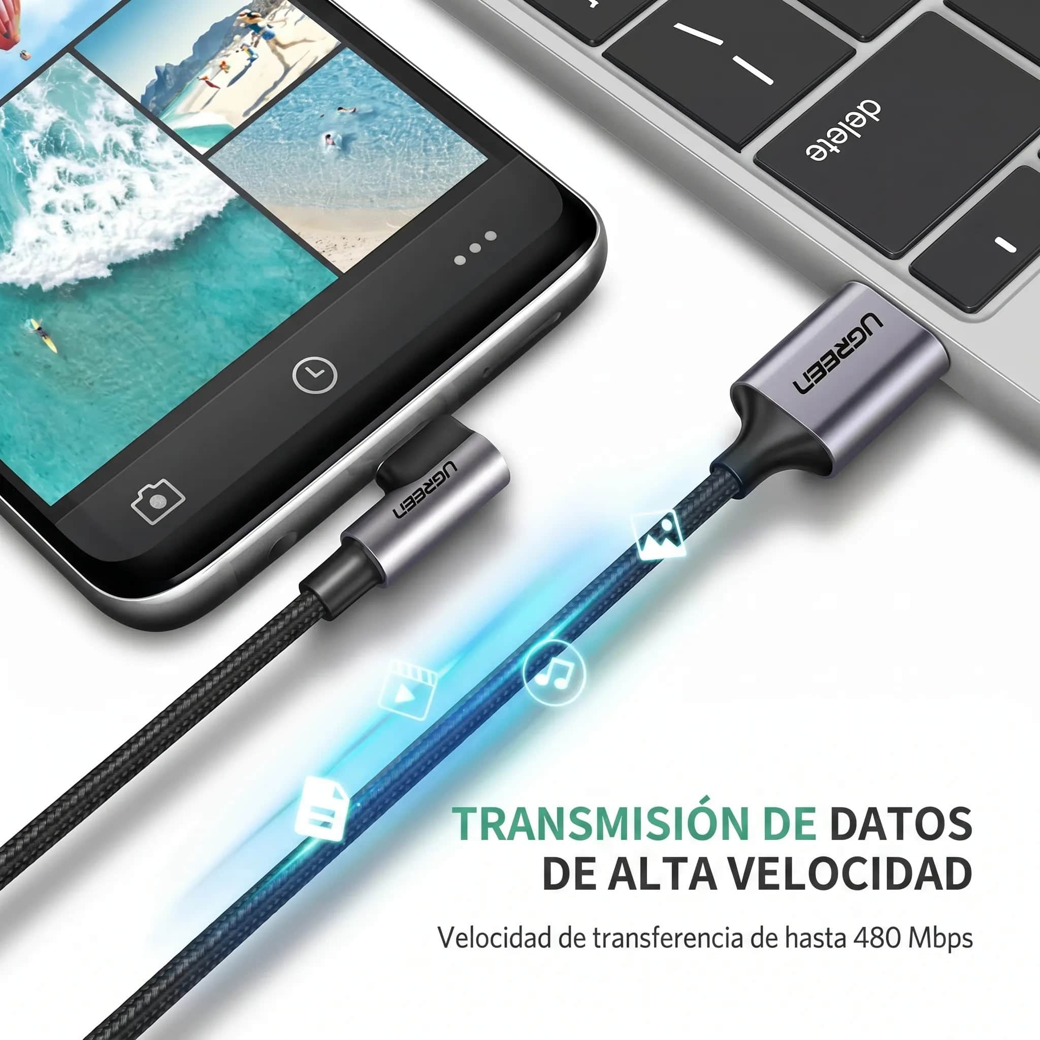 UGREEN cable USB-A a USB-C 1M 18W en ángulo 90° para carga y uso cómodo