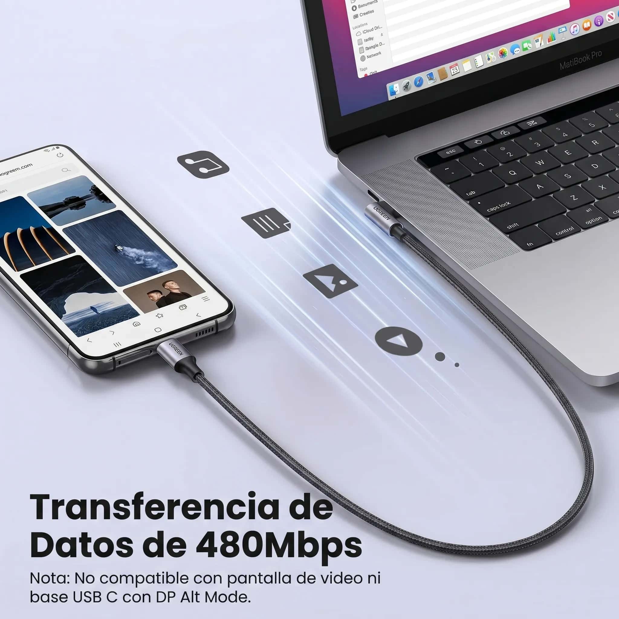 Cable angular UGREEN 1M 240W L536 (85225) USB-C macho a USB-C macho de 90°