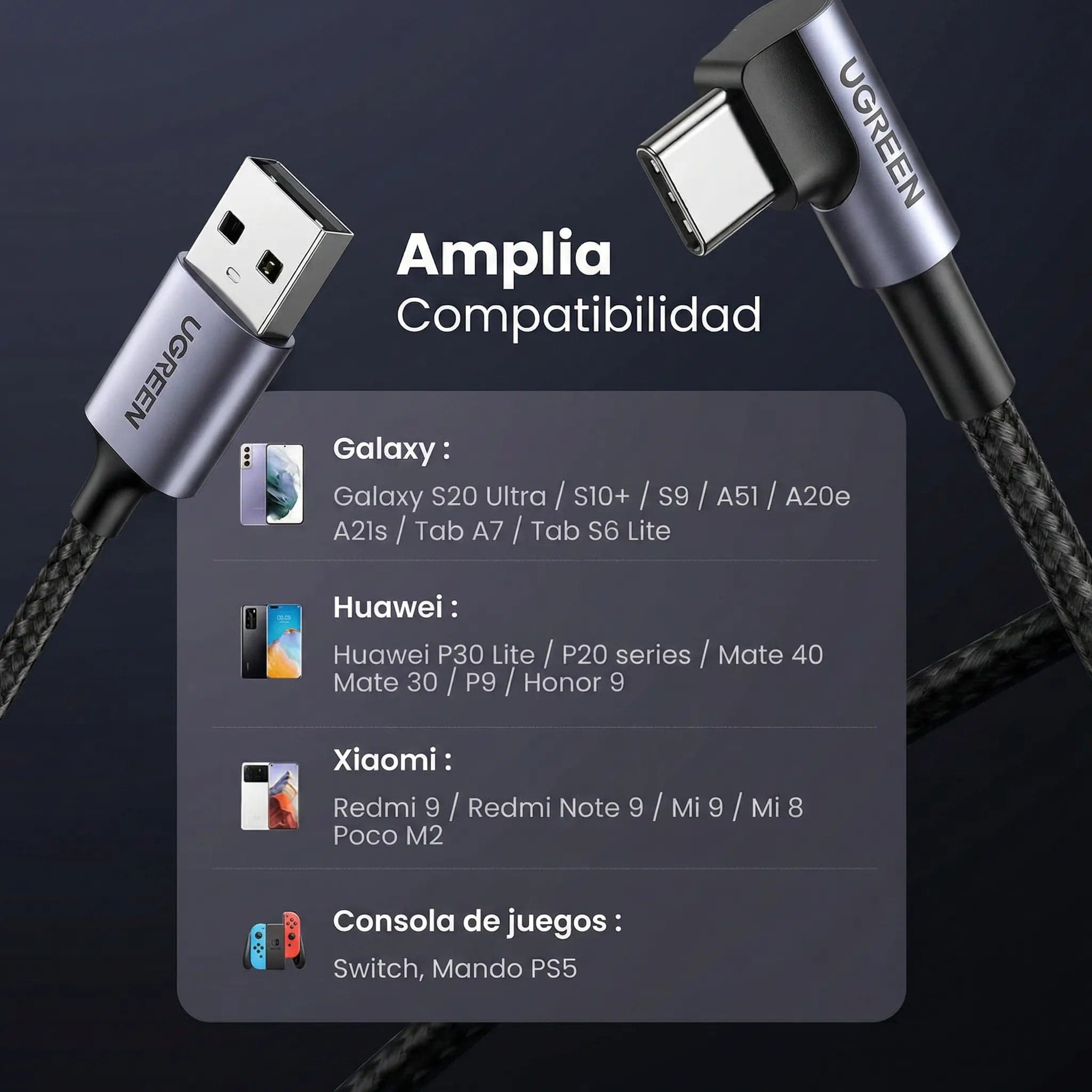 Cable UGREEN USB-C a USB-C 240W PD Ángulo Recto 2M Negro