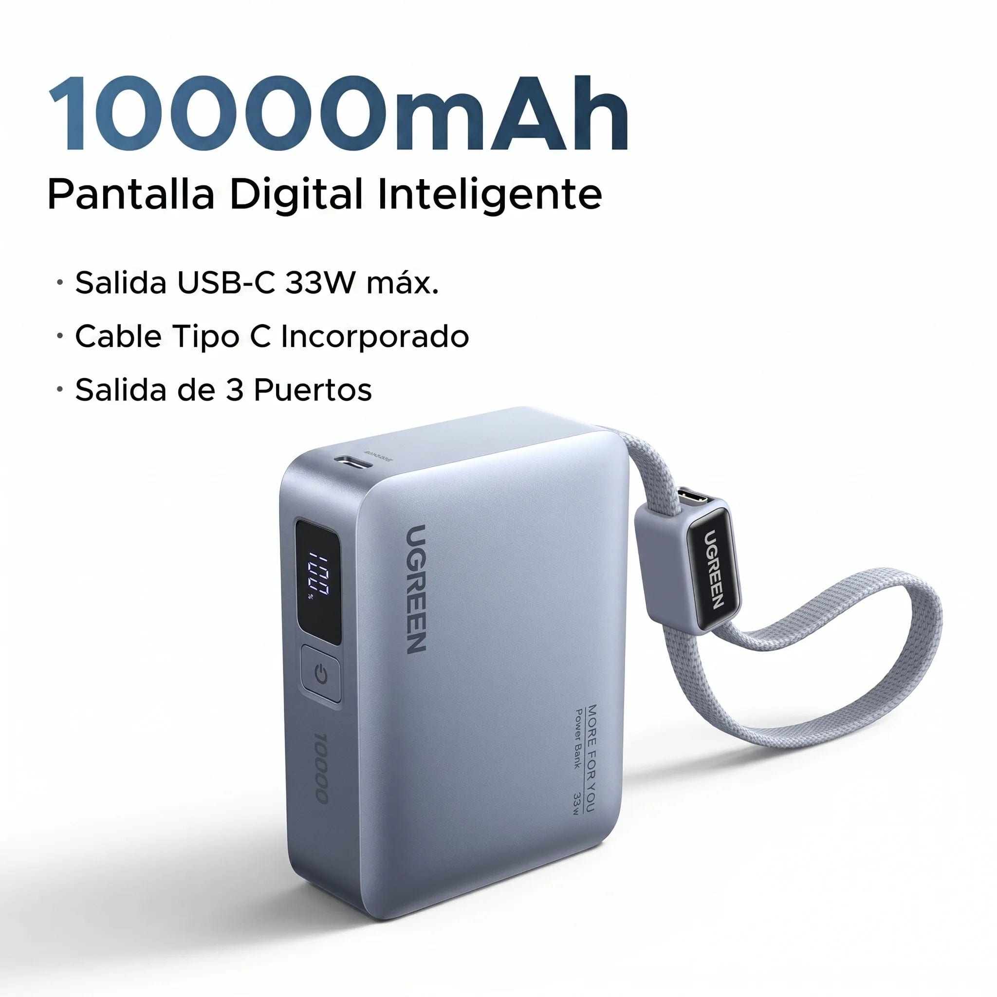 UGREEN Power Bank 10000mAh 33W Compacto Con Cable Integrado