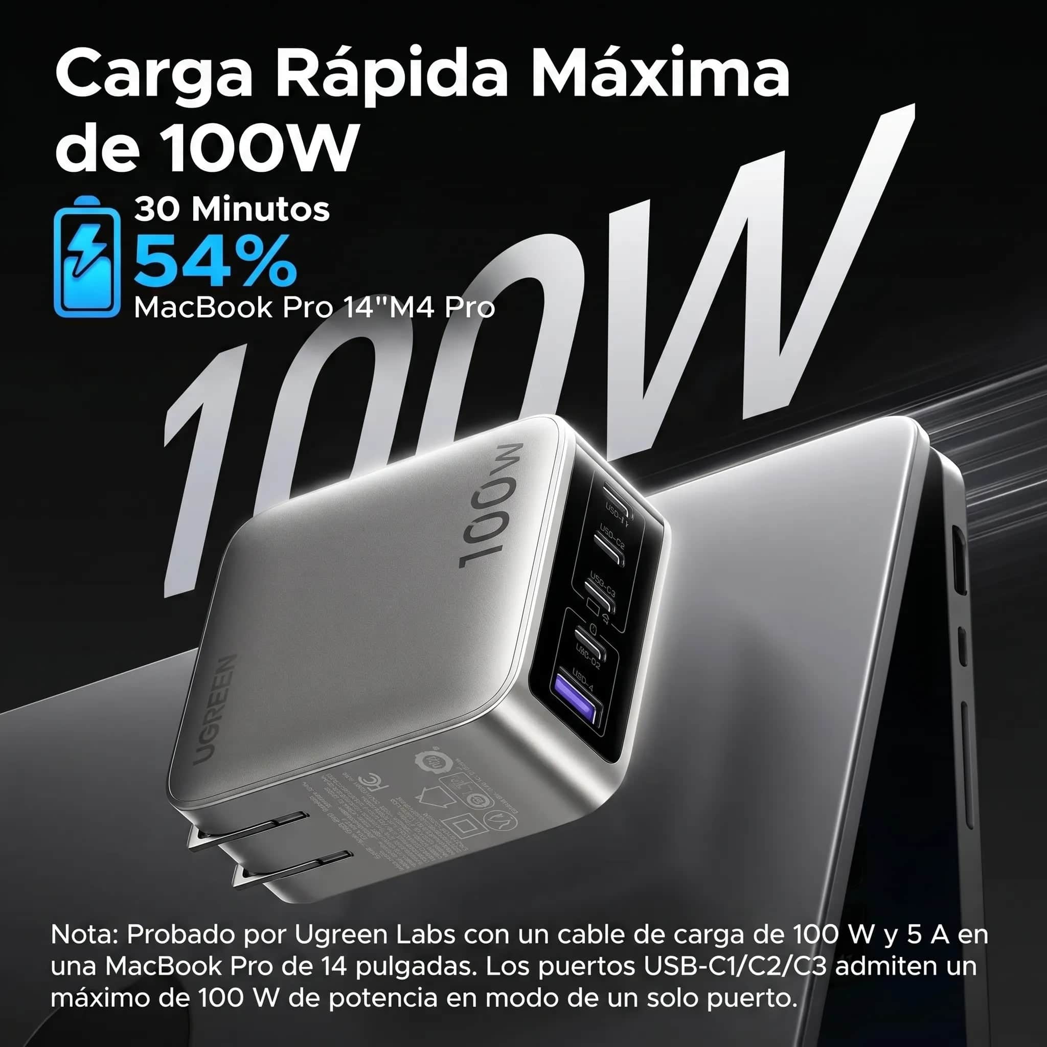 UGREEN Nexode Pro cargador GaN 100W con pantalla táctil y 5 puertos