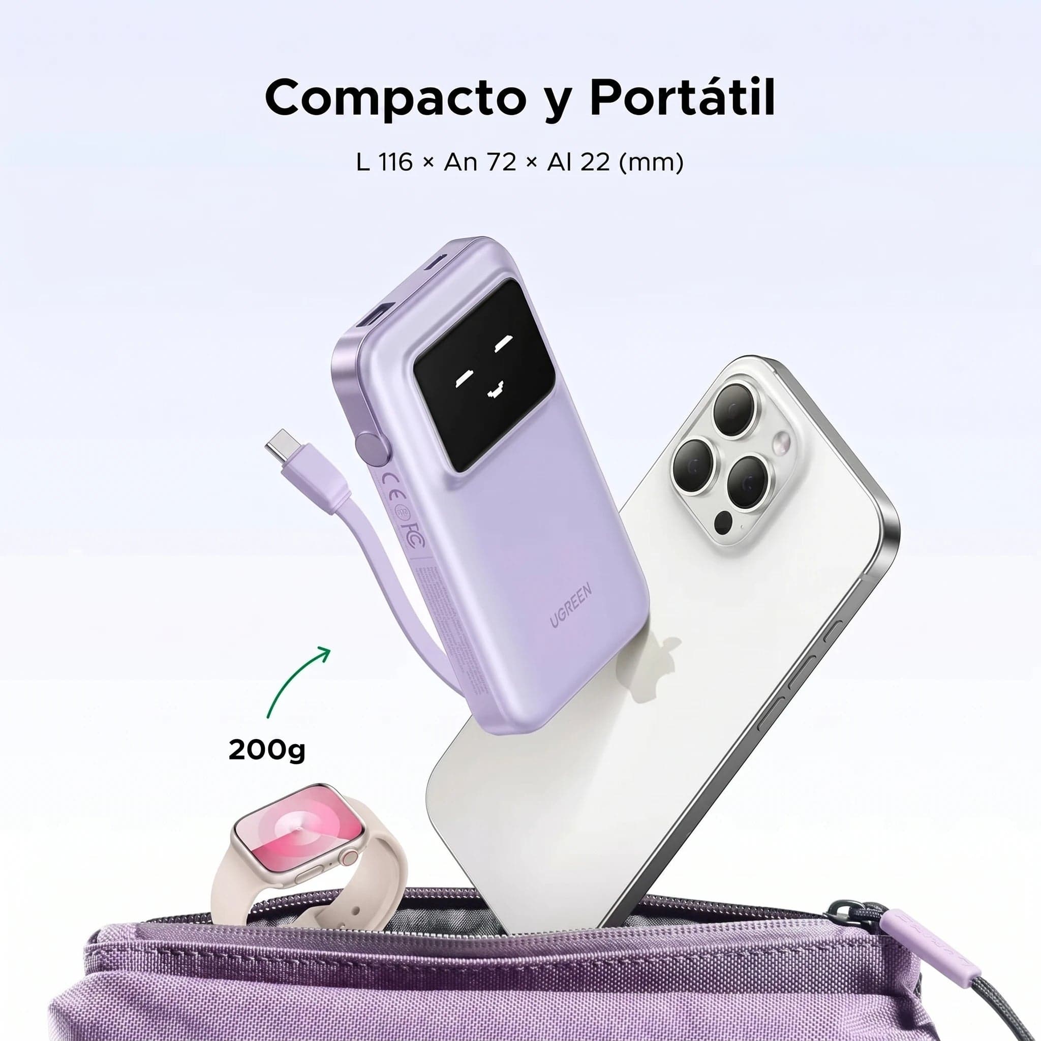 Power Bank Ugreen 10000Mah con Cable USB-C 30W Purple Pb511 35604B