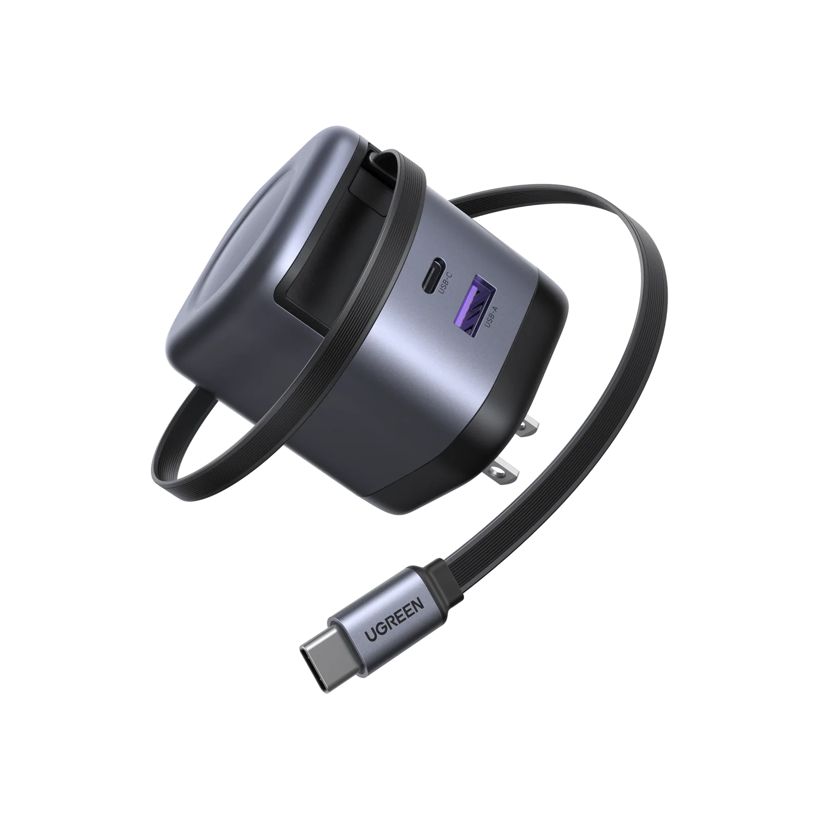 UGREEN cargador GaN 65W con cable retráctil y 3 puertos