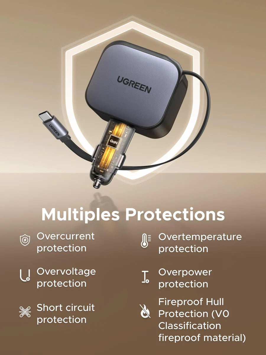 Cargador para auto Ugreen NEXODE 145W con cable retráctil integrado - 55910B