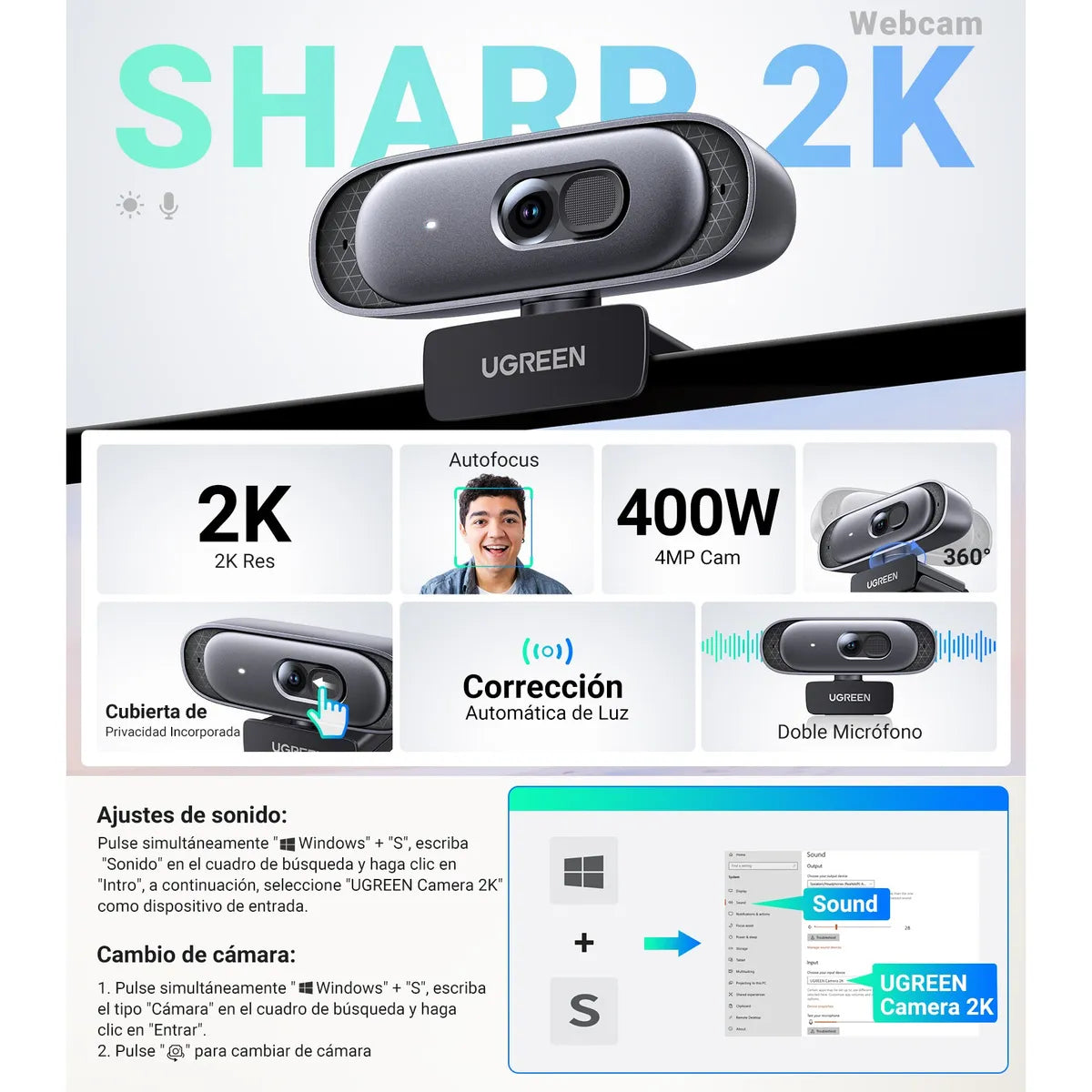 UGREEN webcam 2K 30FPS con micrófono para videollamadas y streaming
